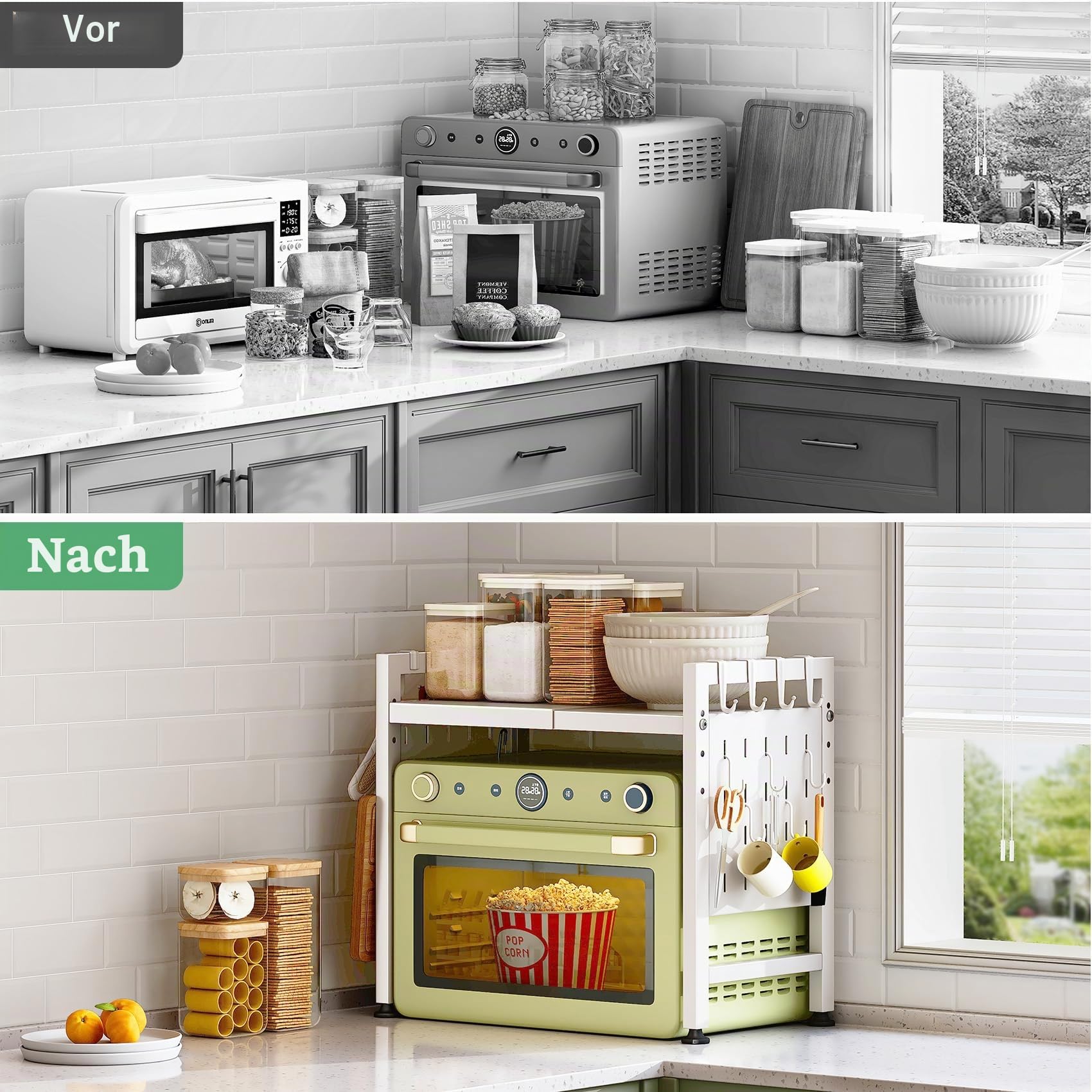 SAYZH Mikrowellen Regal, 2-stufiges Erweiterbares mikrowelle Regal Mikrowellenregal Organizer Küche mit 10 Haken, Flexibel Ausziehbar von 40-70cm, Stufiges Küchenregal mikrowellenständer, Weiß