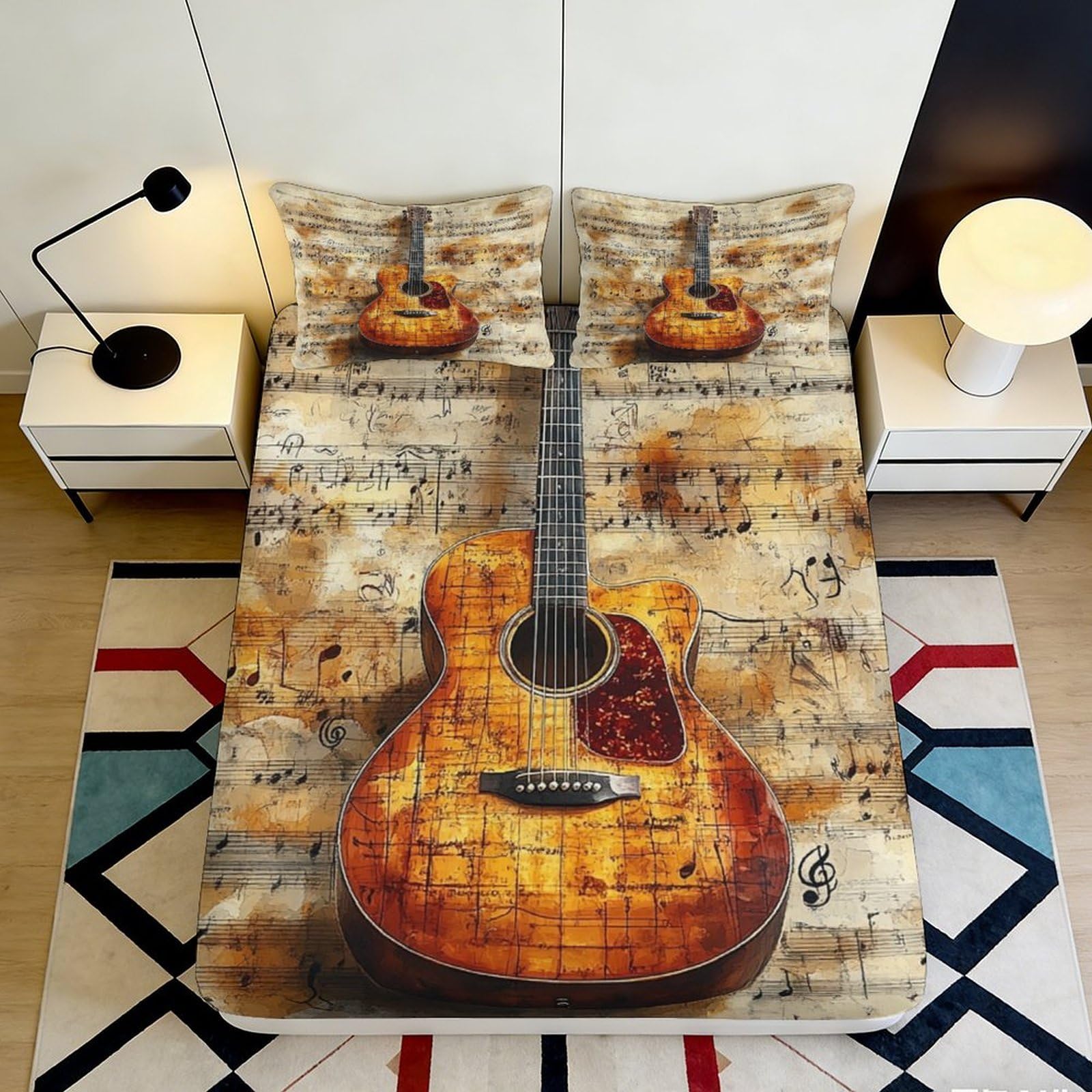 Artistic Guitar Pattern Fitted Sheet 3D Printed, Microfiber, Soft Touch, Bedroom Decor, Apartment Bedding, Wrinkle Resistant, Bed Cover 200x200x25cm