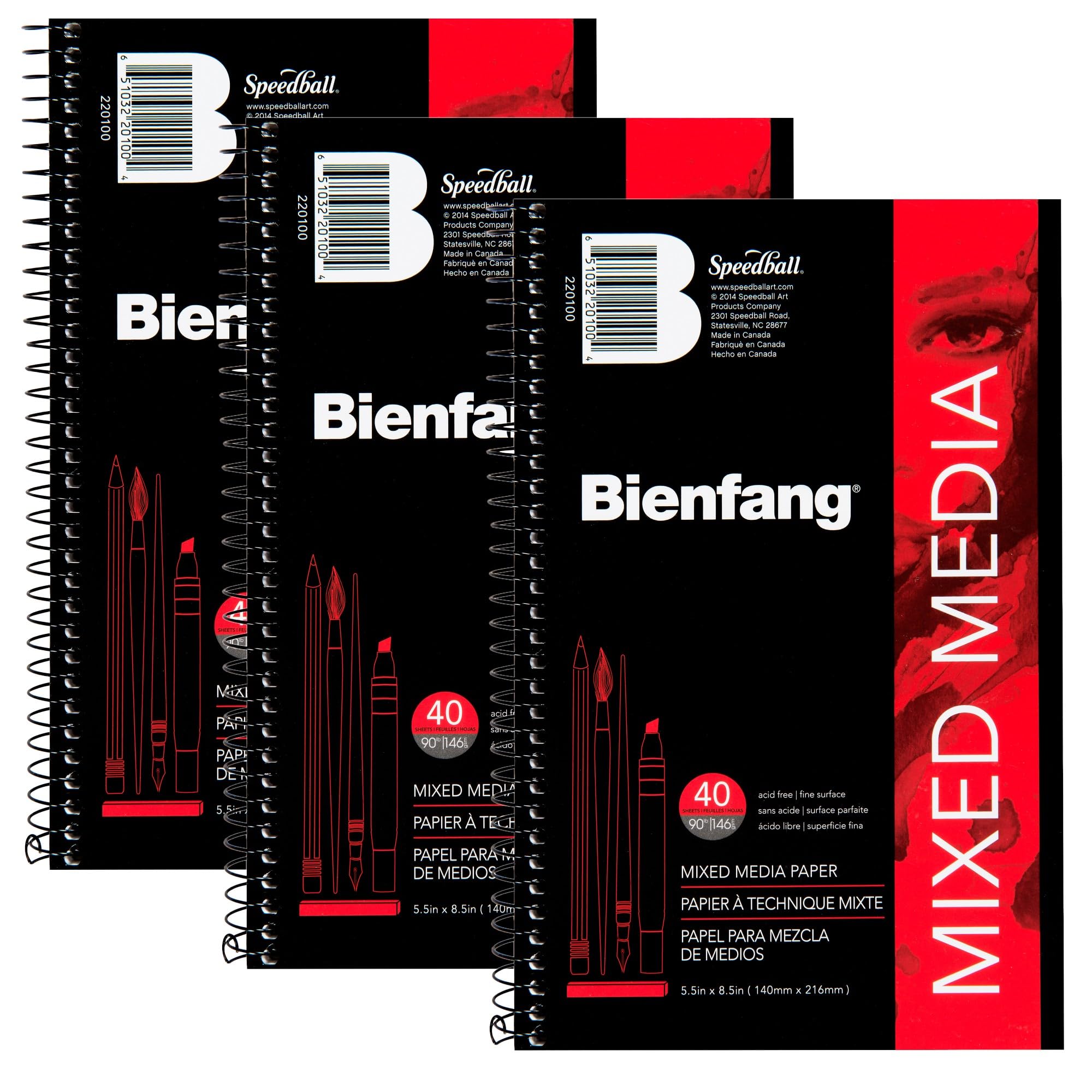 Bienfang Mixed Media Block, 14,9 x 21,6 cm (3er-Pack) 40 Blatt Künstlerpapier, Spiralbindung, 40,8 kg, 146 g/m²