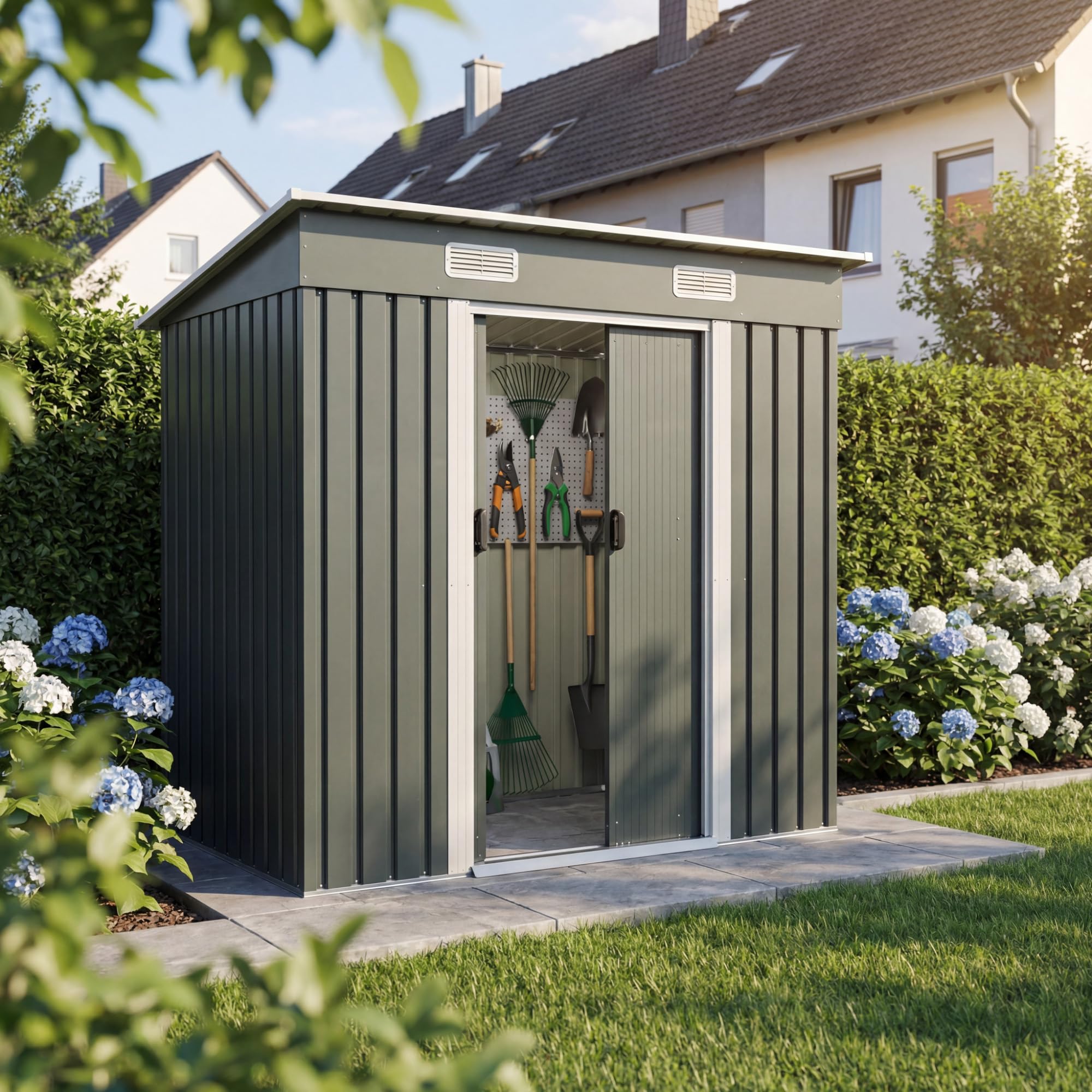 JUMMICO Metall Gerätehaus 3.63m³ 183x109x182cm Gartenschuppen mit Schiebetüre Schwarz