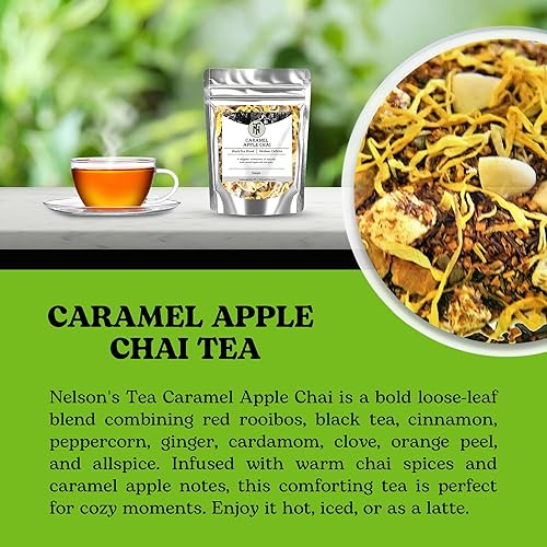 Vista 4 de Nelson's Tea Té Chai de manzana y caramelo con hojas sueltas, té rooibos rojo cortado y tamizado, té negro con chips de canela, pimienta, raíz
