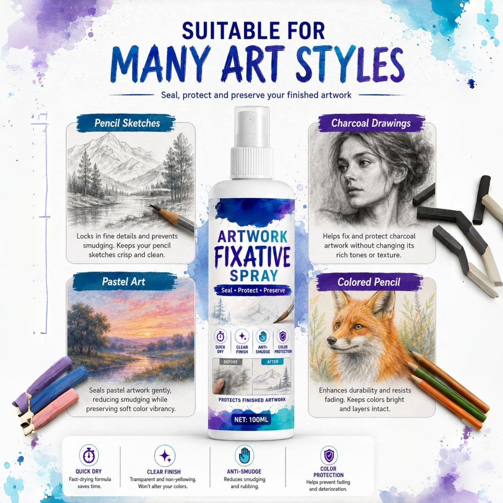 Spray fixatif réalisable pour l'art, fixatif au Pastel à l'huile pour Les Dessins au Fusain et au Crayon, Spray fixateur Anti-Taches, scellant de Finition Mat à séchage Rapide (6pcs)