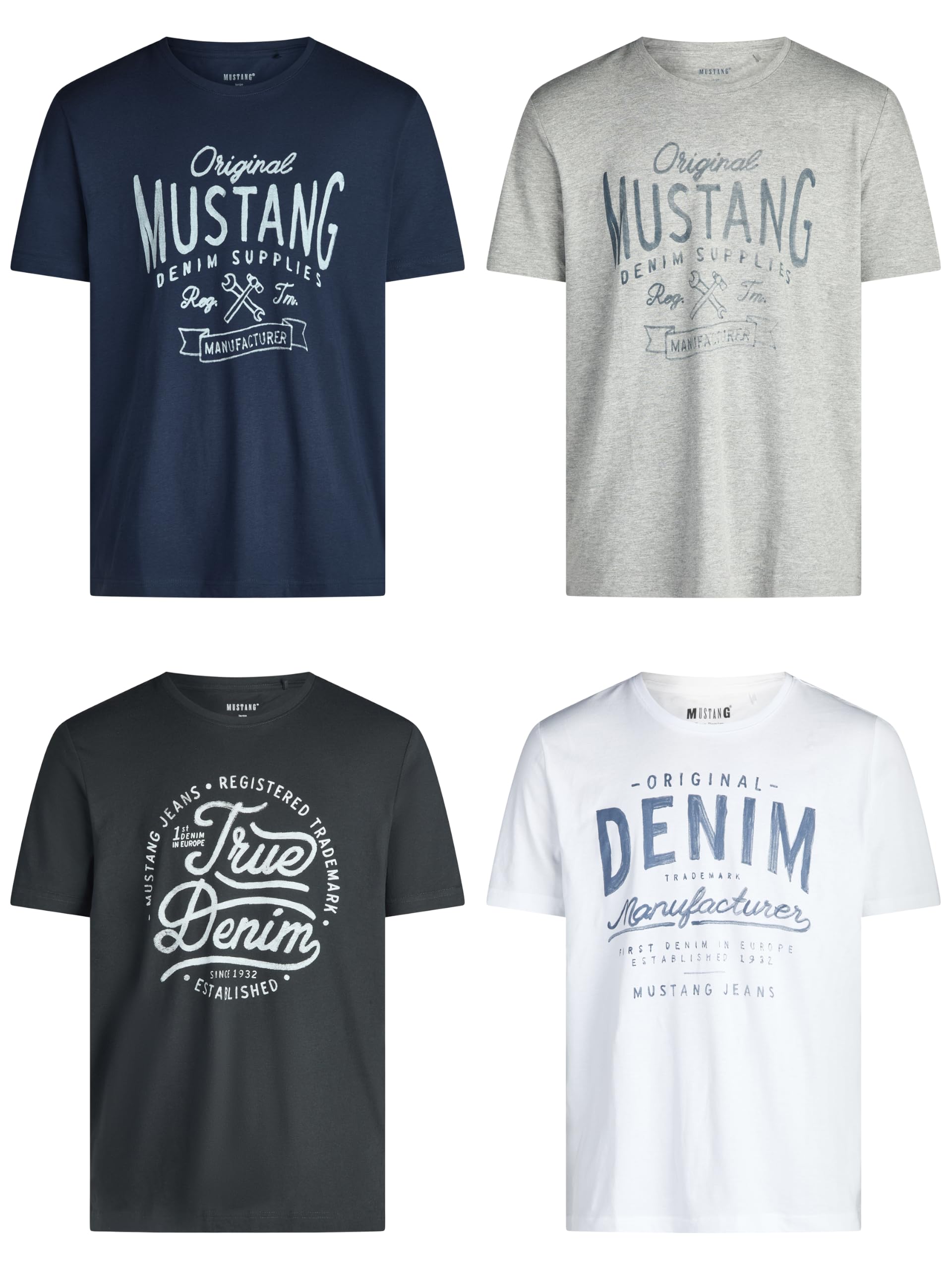 Mustang - Juego de 4 camisetas para hombre con estampado frontal y cuello redondo, mezcla de colores azul y negro Mezcla de colores (P16).
