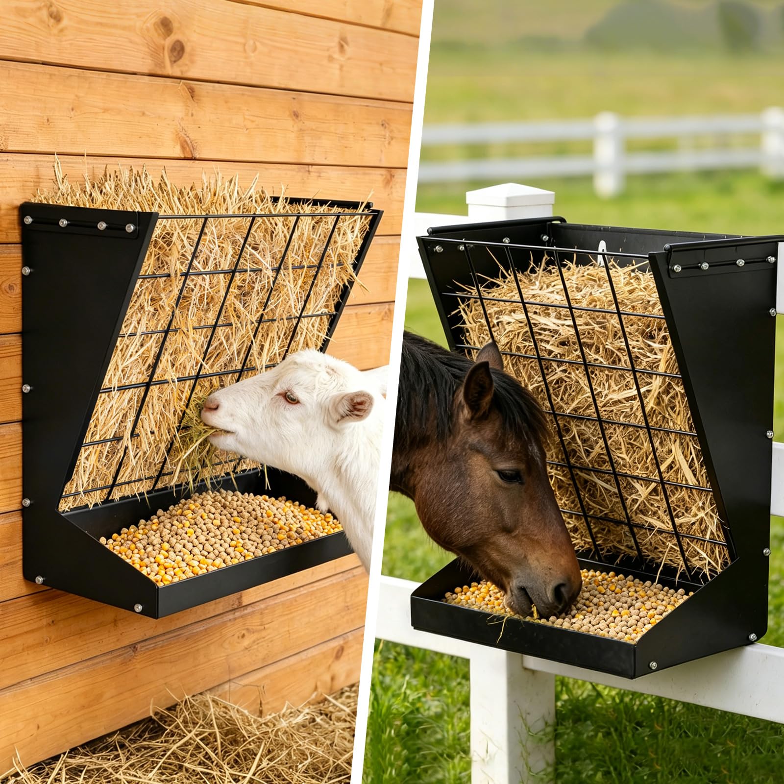 Alimentador de heno y grano 2 en 1 para montaje en pared, comedero para ganado | Alimentador de heno de acero galvanizado, gran capacidad, para cabras/ovejas, caballos, ganado, corrales de granero