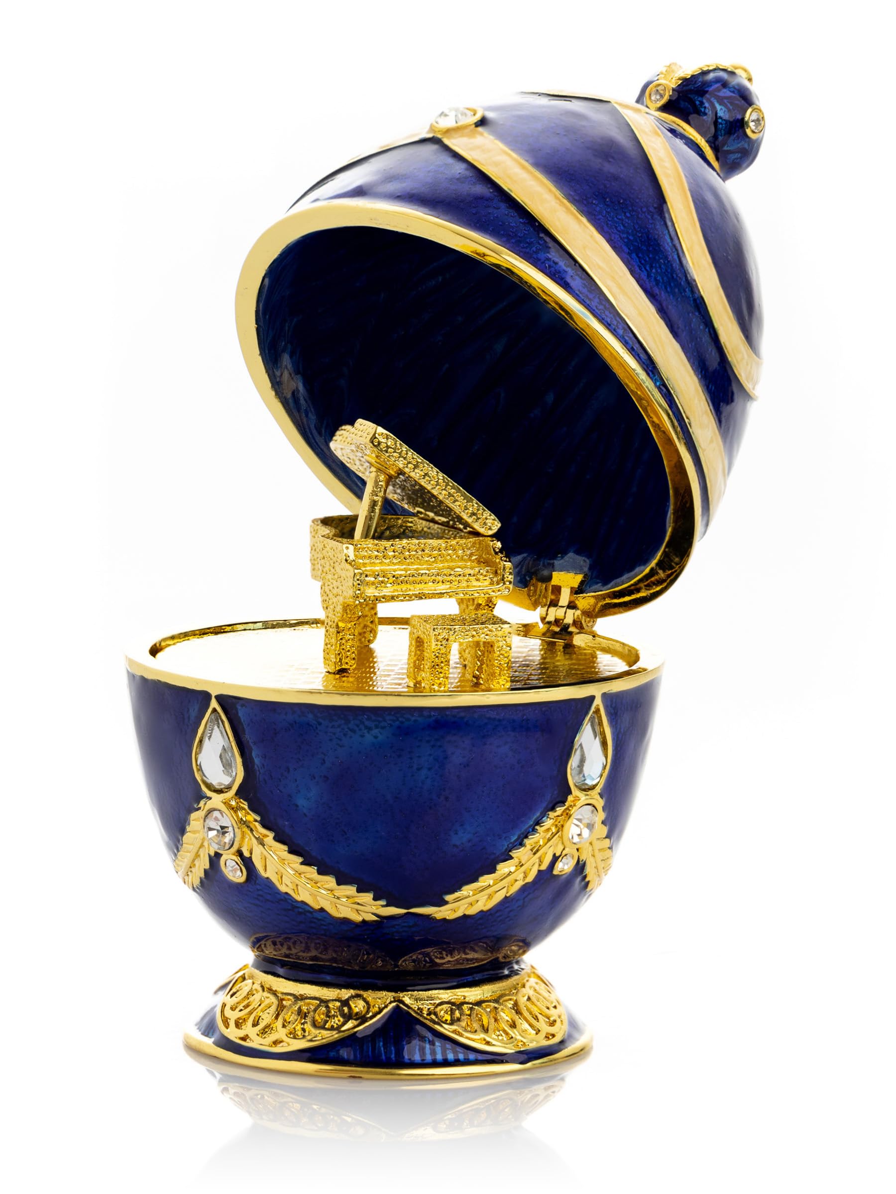 Keren Kopal Huevo de Fabergé azul con piano dorado, caja sorpresa hecha a mano, regalo para pianista