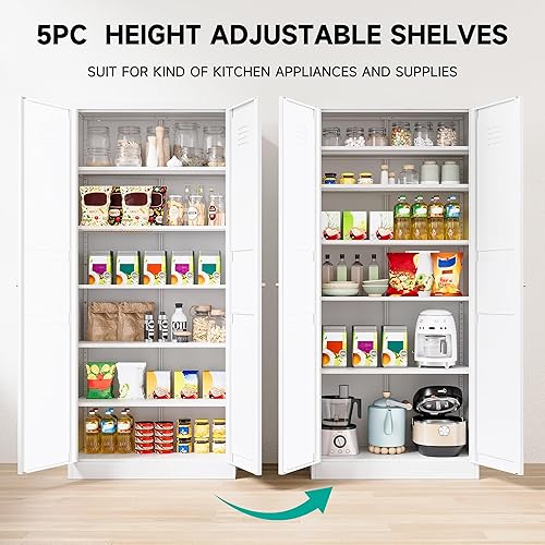 Miniatura 6 de SISESOL Armario de almacenamiento de metal blanco, armario de despensa de 71 pulgadas de alto, armarios de almacenamiento de despensa de cocina con