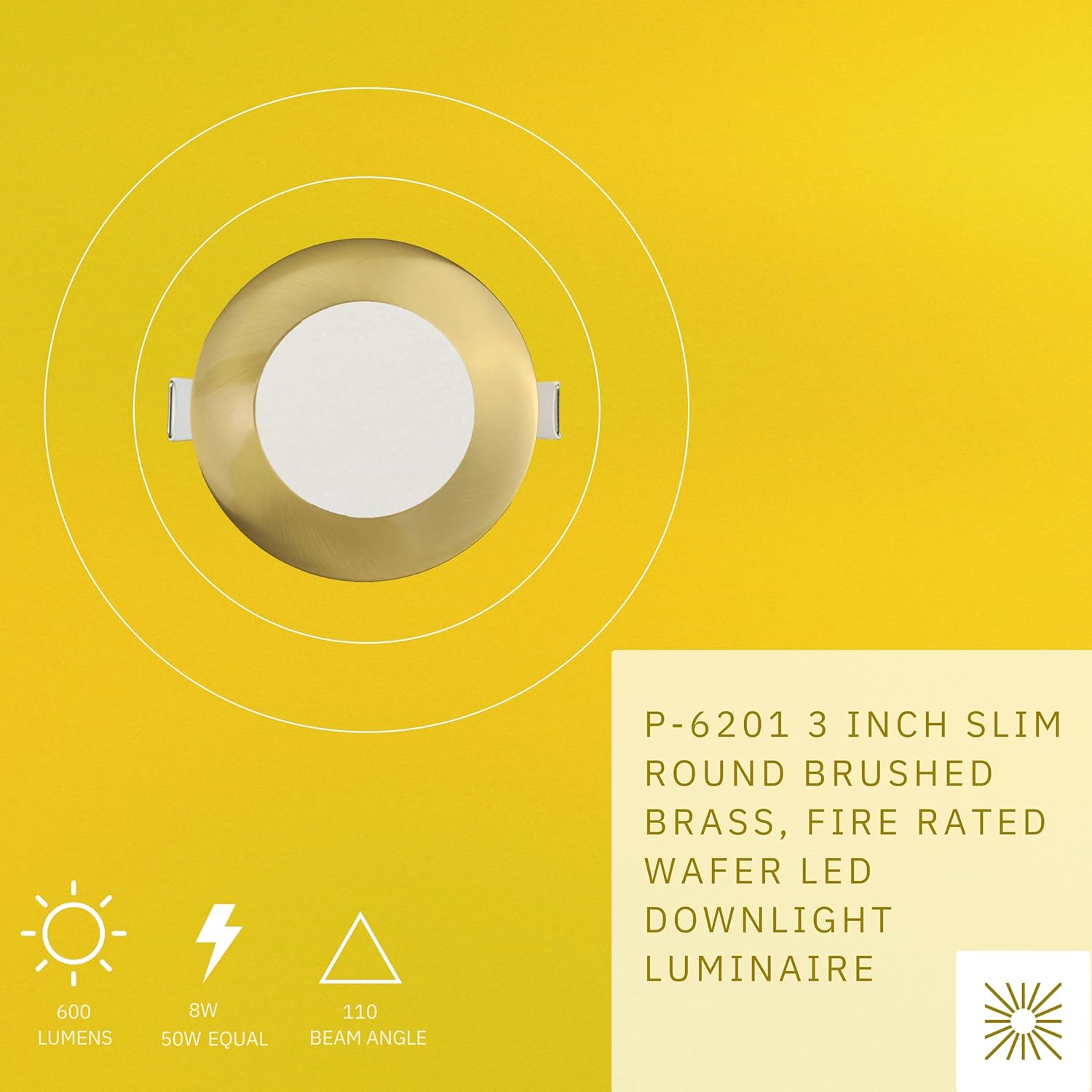 3 inch Slim Round Brushed Brass Downlight Luminaire, Fire Rated Wafer LED Recessed Light Fixtures Dimmable 8W=50W, 600 Lumens, CRI 90+, IC Rated, 5CCT Selectable 2700K|3000K|3500K|4100K|5000K
