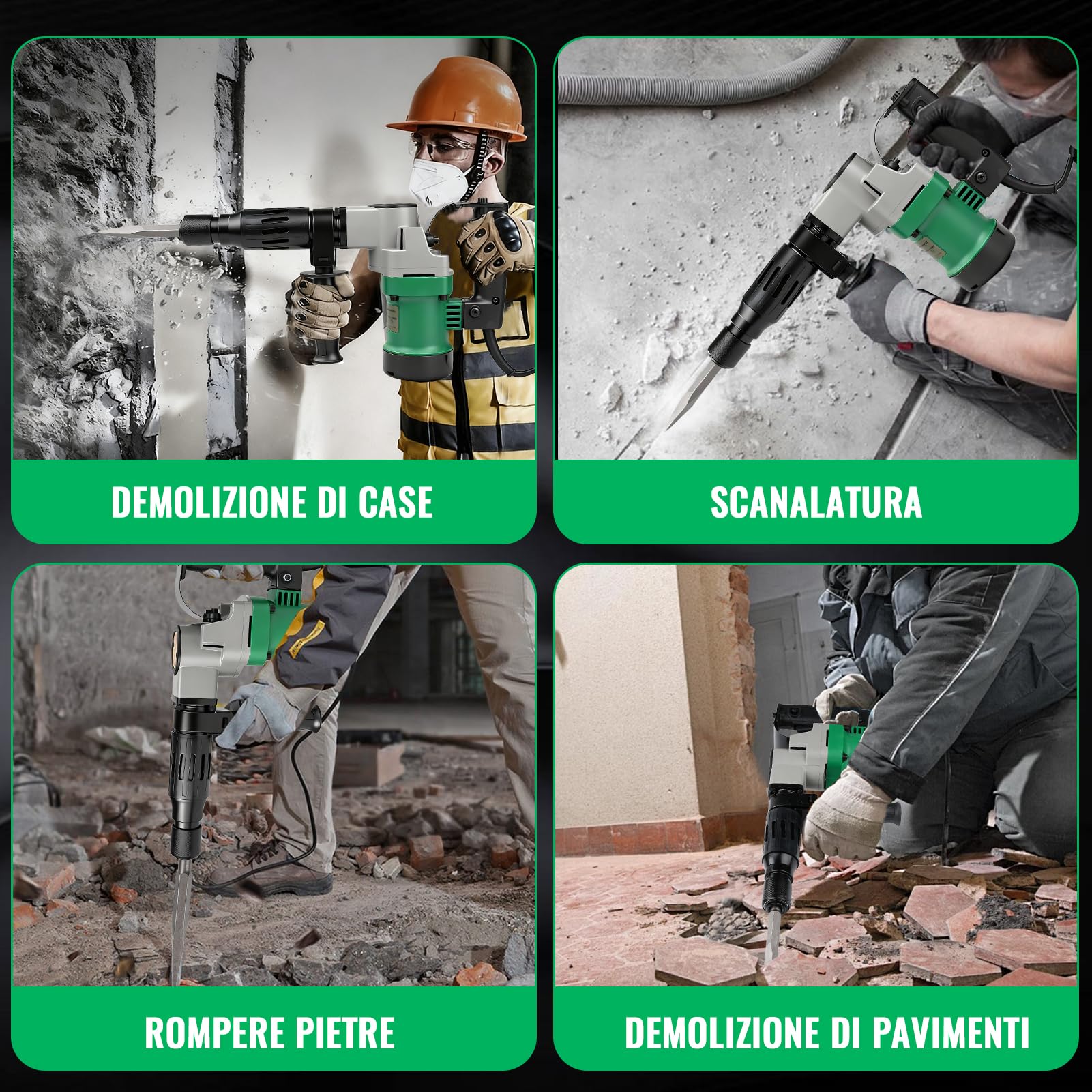 SDS Plus Martello Demolitore, 1400W 30 Joule 3600 RPM Potente Martello Perforatore Tassellatore Martello Elettrico A Scalpello Incl. Scalpello A Punta, Piatto Per Calcestruzzo, Mattoni, Piastrelle