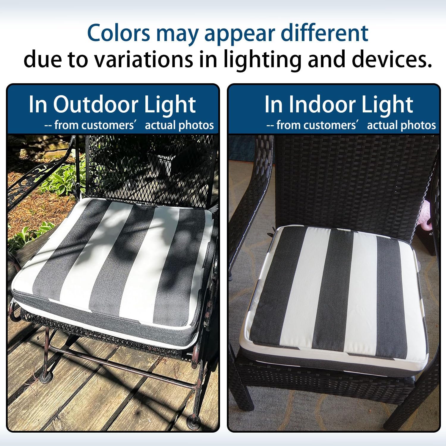 18x18x3 Inch Outdoor Square Corner Chair Cushions with Ties Set of 2, Water&Fade Resistant Thick Seat Cushion Pads for Garden Patio Dining Porch Furniture - Black Ivory Striped