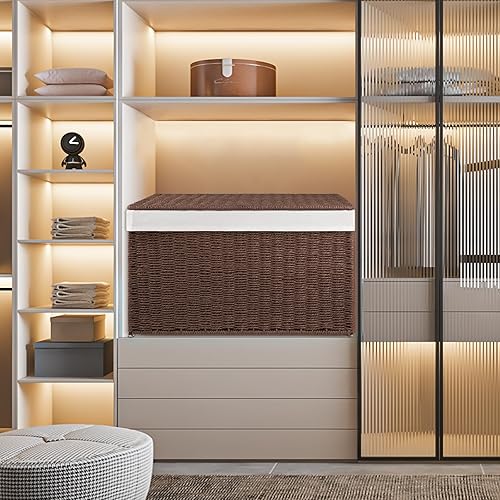 Miniatura 6 de OIAHOMY Cesta de almacenamiento con tapa, cesta de manta de 27.7 galones (105 L) con bolsa separada extraíble, cesta de cuerda de papel con asa,