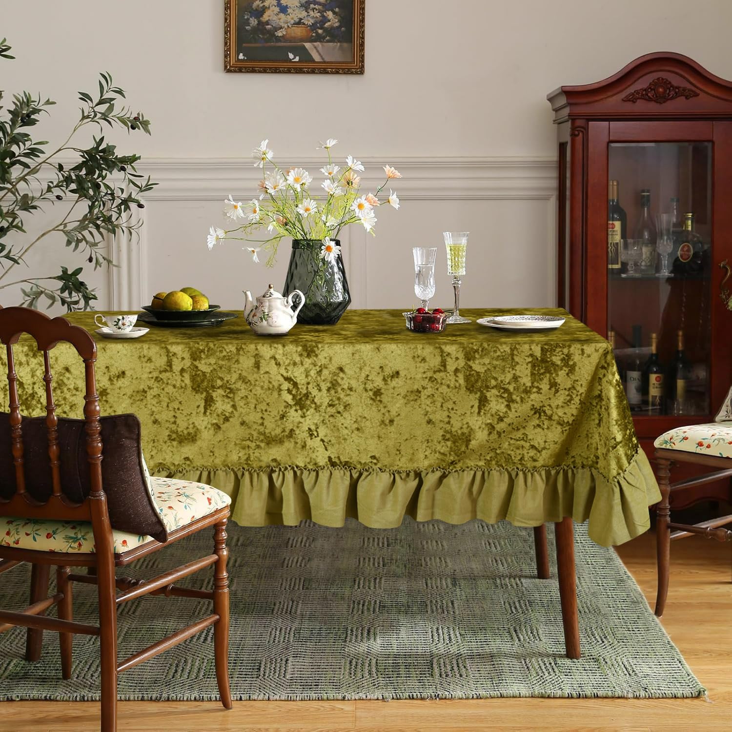 Fillarrie Olive Green Ruffles Ruffle Tablecloth, Vintage French Country House Iced Velvet Rectangular Table Dinner, Tea Party, Home, Christmas Decor