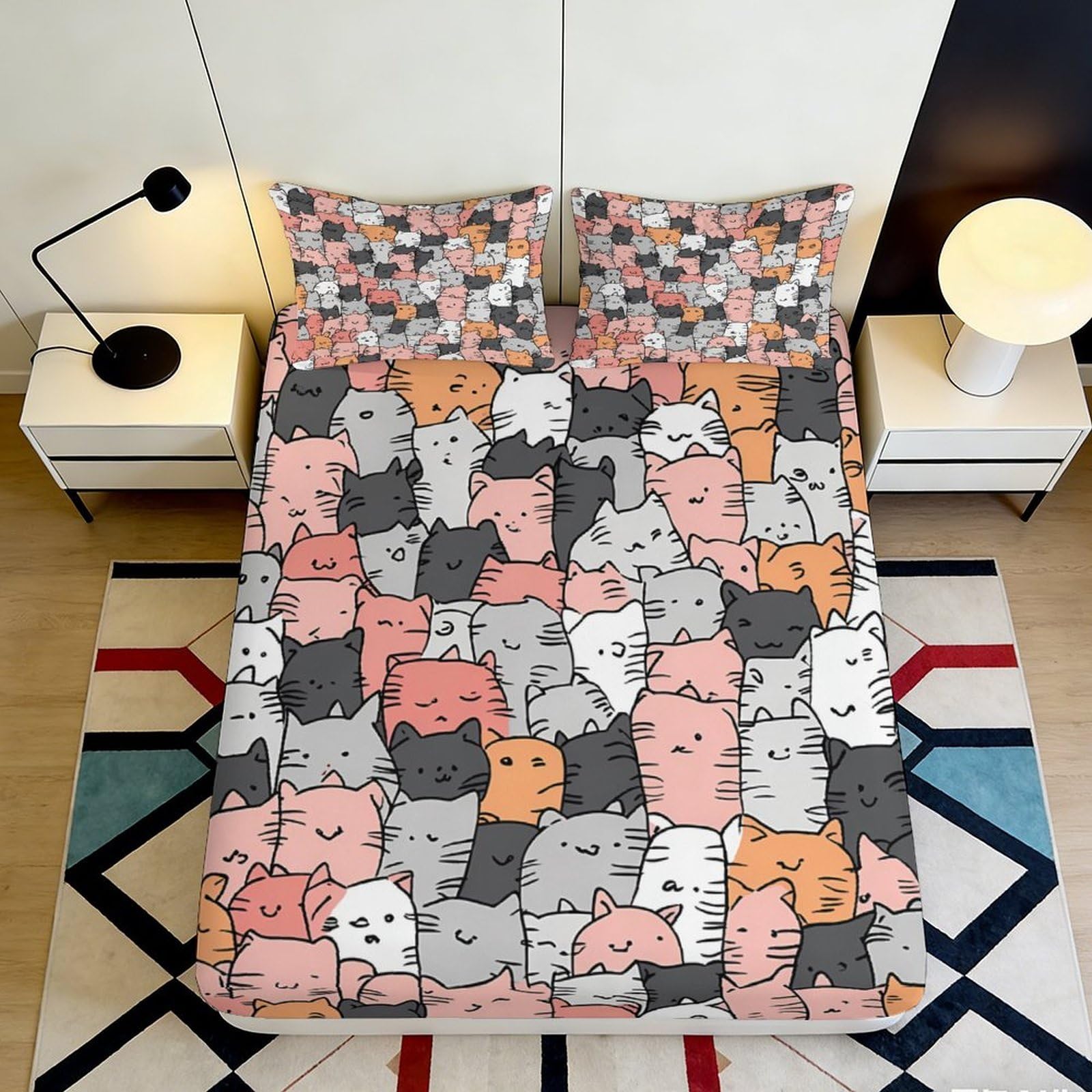 Uxinyoume Style-2 3D Printed Cartoon Cat Fitted Sheet Microfiber Anti-Slip Animal Pattern Bed Sheet For Bedroom Dorm Decor 90X200x25cm
