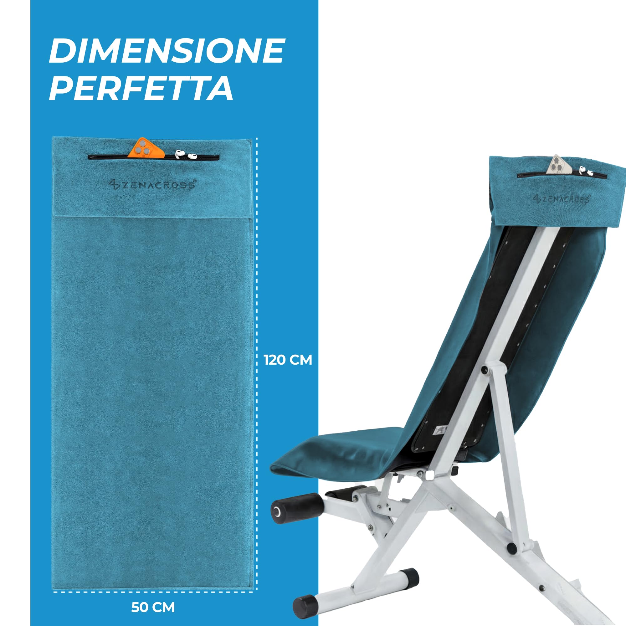 Zenacross - Telo Palestra Microfibra 120x50 - Asciugatura Rapida, Tasca con Cerniera - Morbido e Compatto Gym Towel Uomo Donna - Blu Navy