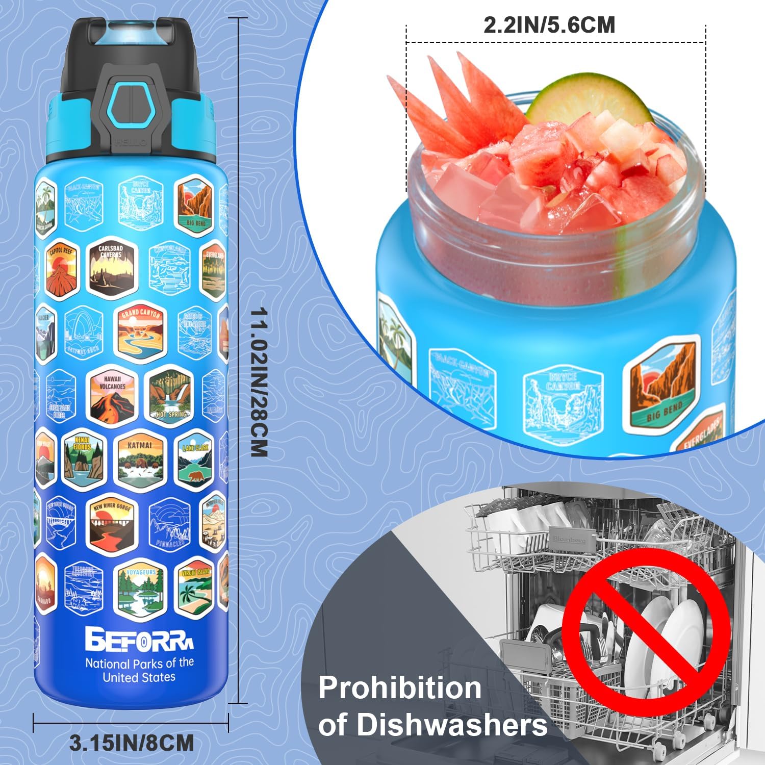 National Parks Water Bottle with 63 Waterproof Stickers & Carry Strap, Durable Plastic Water Bottle 32oz Hiking Water Bottles for Travel, Camping, Gifts for Kids, Men, Women Tritan, BPA Free - Image 5