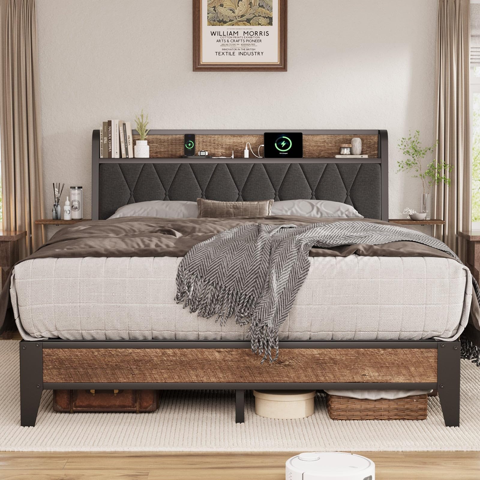 Queen Bed Frame with Side Storage Shelf, Ergonomic Upholstered Headboard with Charging Station, Queen Size Platform Bed Frame, Metal Slats Support, No Box Spring Needed, Easy Assembly, Black
