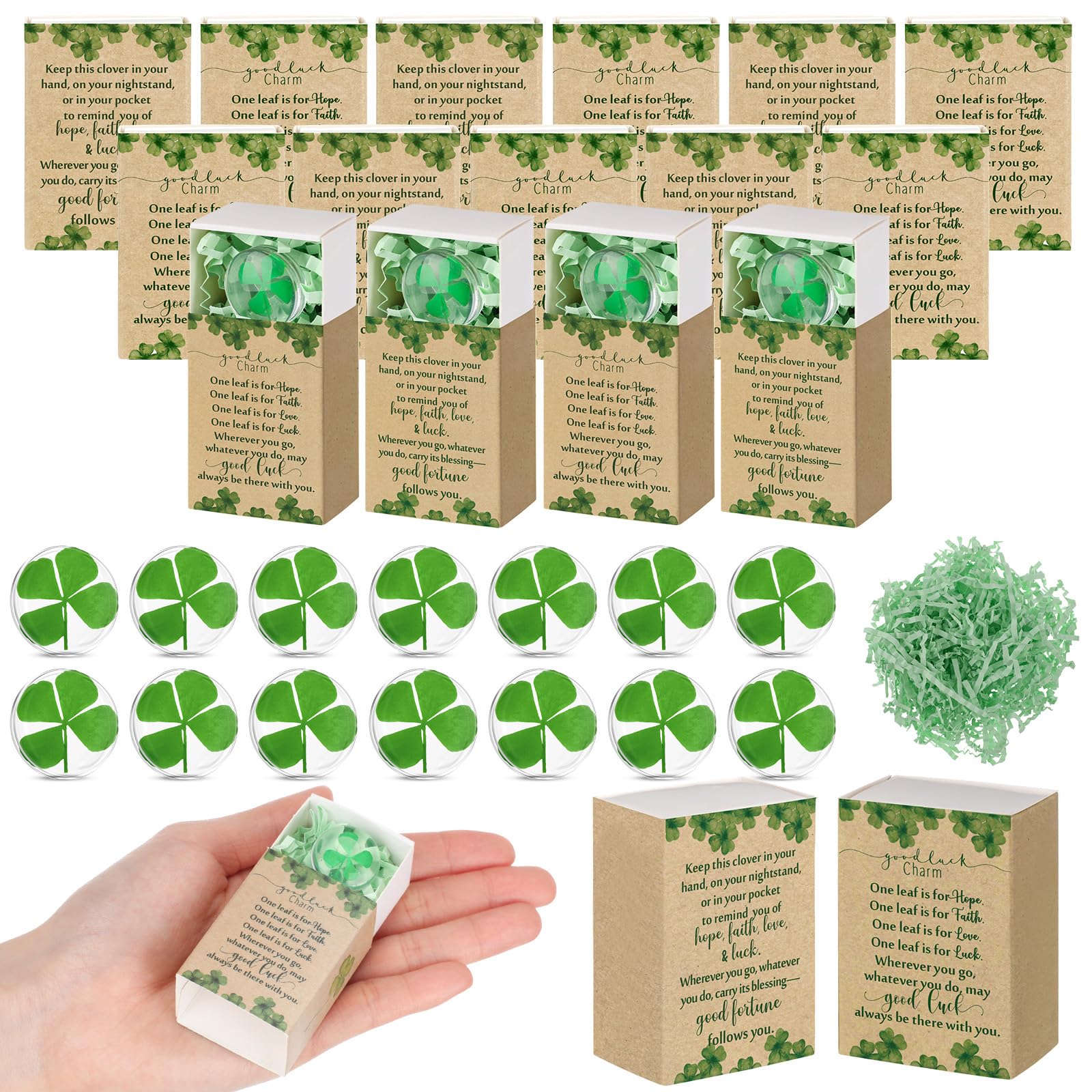Bucherry 20 Set St. Patrick's Day Gift Bulk Four Leaf Clover Glass Token Charms with Greeting Boxes Irish Day Lucky Shamrock Gifts for DIY Friends Coworkers Employee Office Party Favors (Oval) — view 9