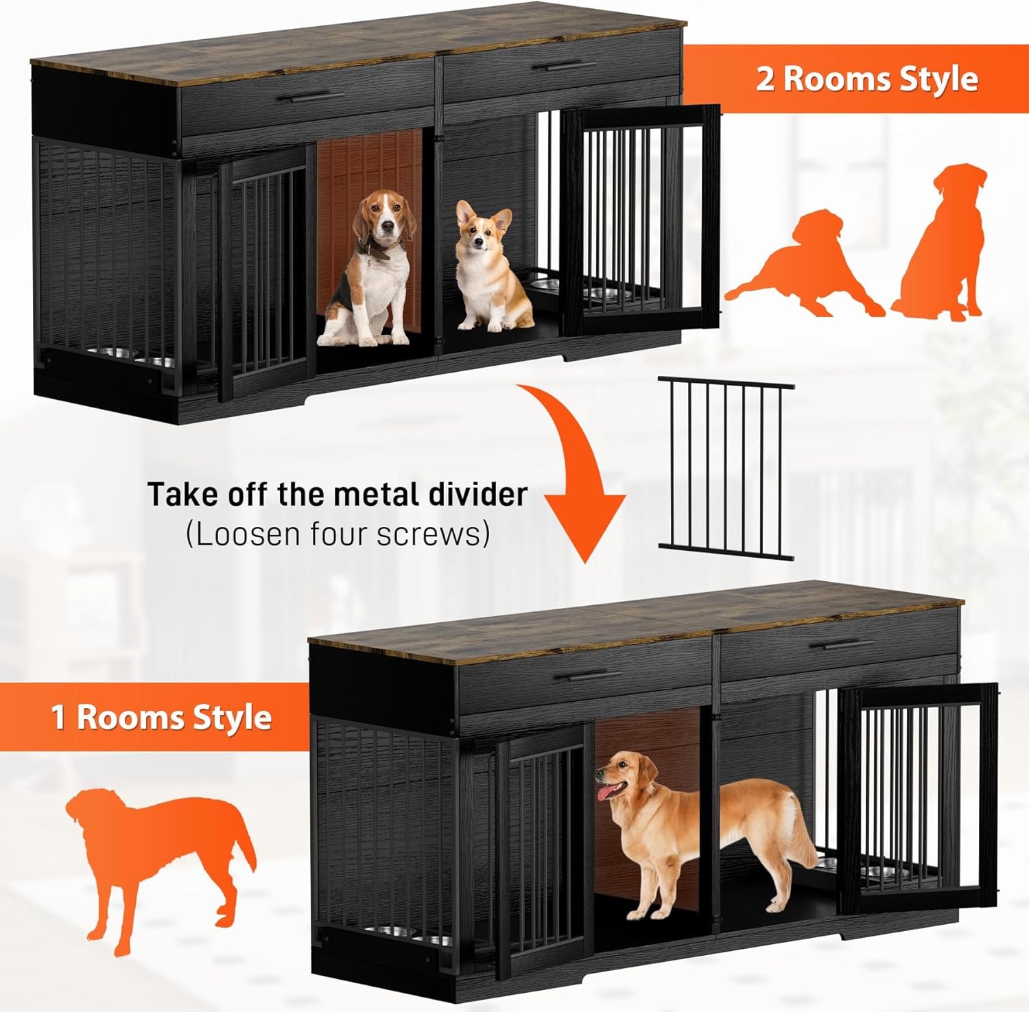 Rophefx 72" Dog Crate Furniture for 2 Dogs, Large Dog Kennel Furniture with 2 Storage Drawers and 4 Bowls, Wooden Dog Cage with Removable Divider, Indoor Dog House TV Stand for Medium Dog, Black