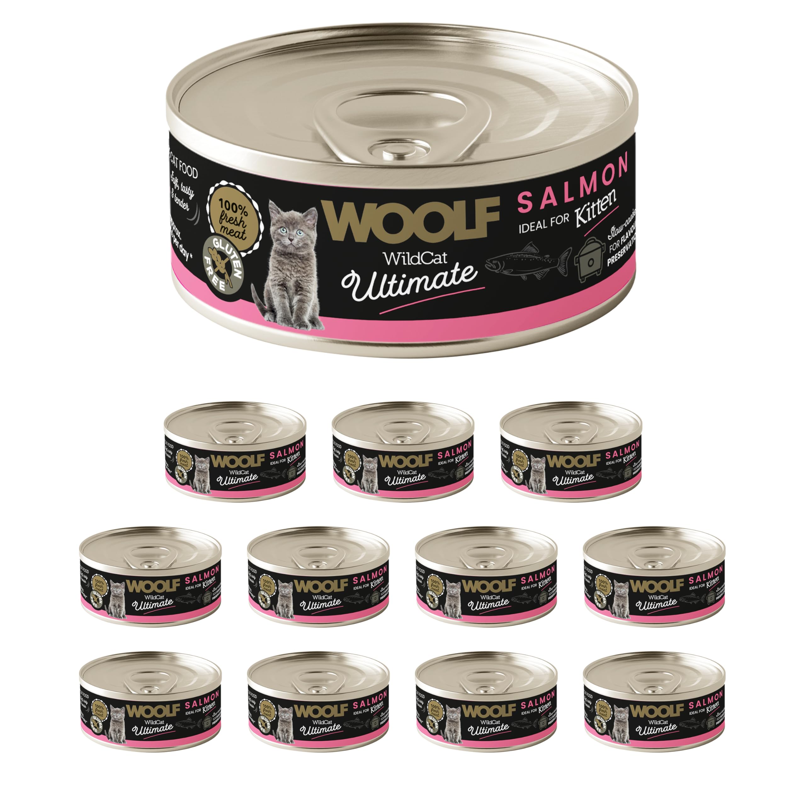 WOOLF Wet Canned Complete Cat Food Pack of 12 x 85g - High Protein & Moisture-Rich Pâté, Balanced Nutrition, Supports Healthy Growth & Brain Development, Easy Digestion, Suitable for Kittens (Salmon)