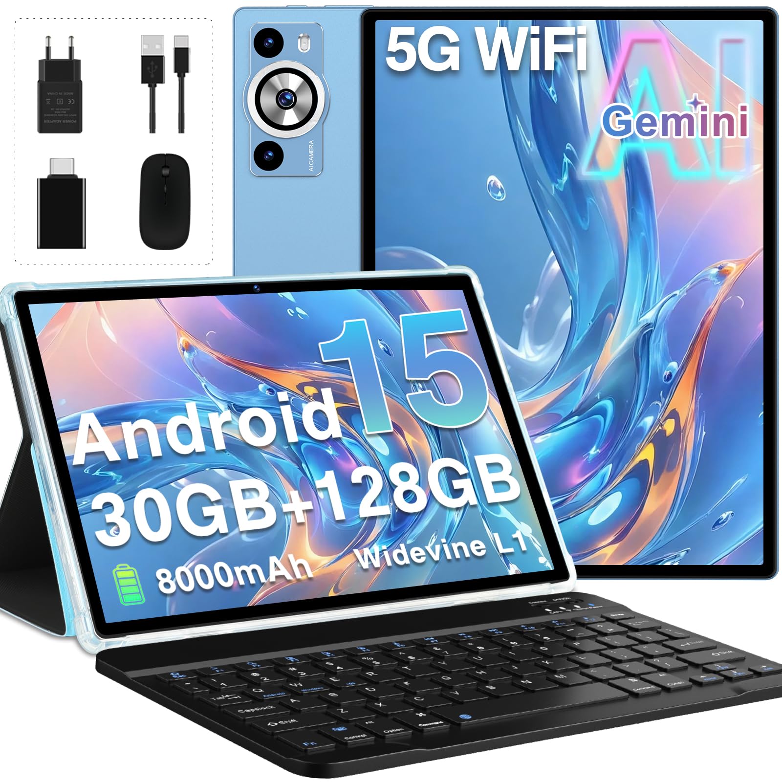 2026 Tablet 10 Inch Android 15 With Gemini AI, 30GB RAM+128GB ROM(TF 2TB), GMS, 8000mAh, Face ID, Octa Core 2.0GHz/BT5.0/GPS/Widevine L1/8MP+5MP /Widgets/5G WiFi Tablet With Keyboard & Mouse - Black