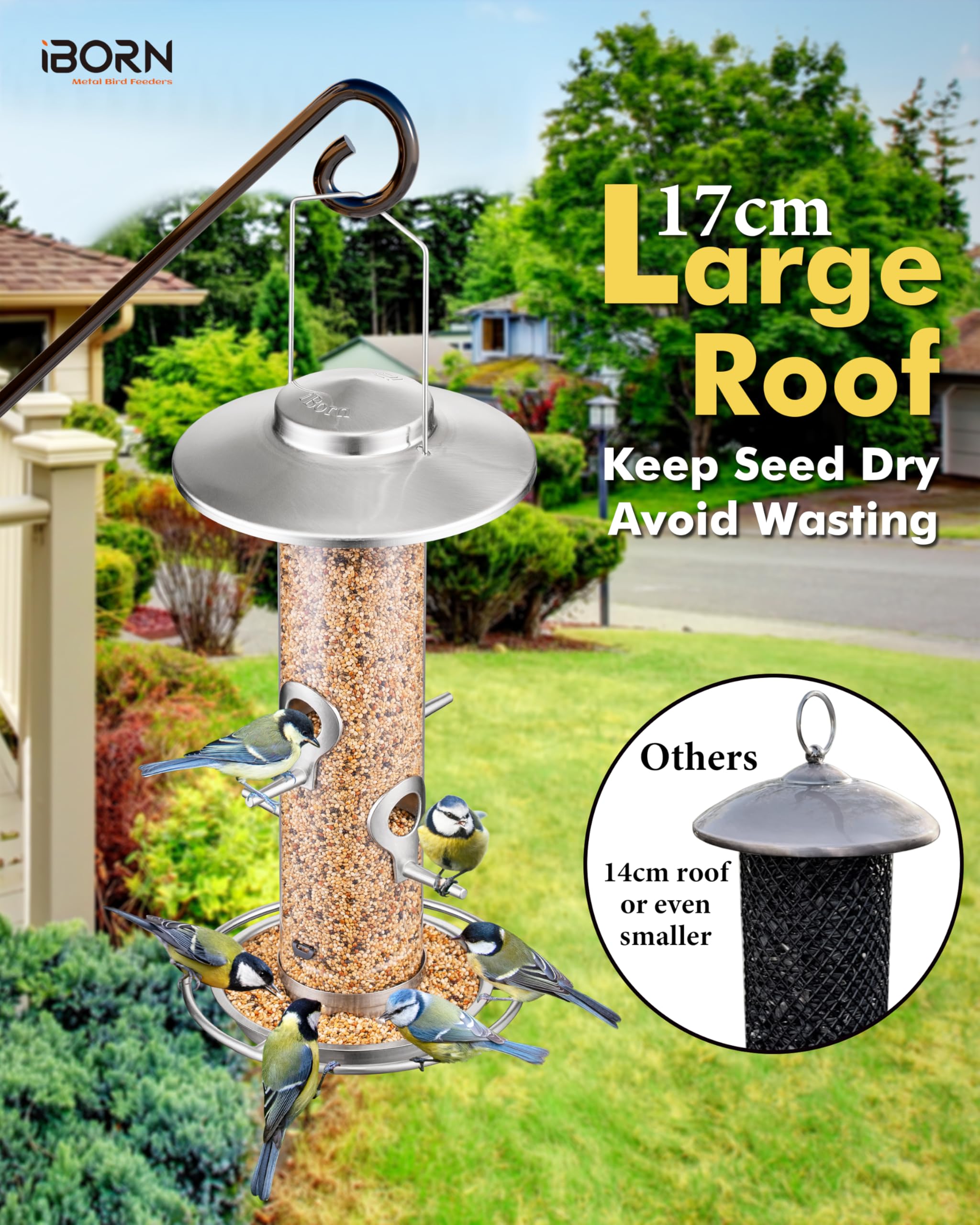 iBorn Metal Bird Feeder for Outside Hanging,Wild Bird Feeders for Cardinal,17cm Large Roof&Nickle,35CM Long,2lb Capacity 8 Ports (Seed is not Included) - Image 3