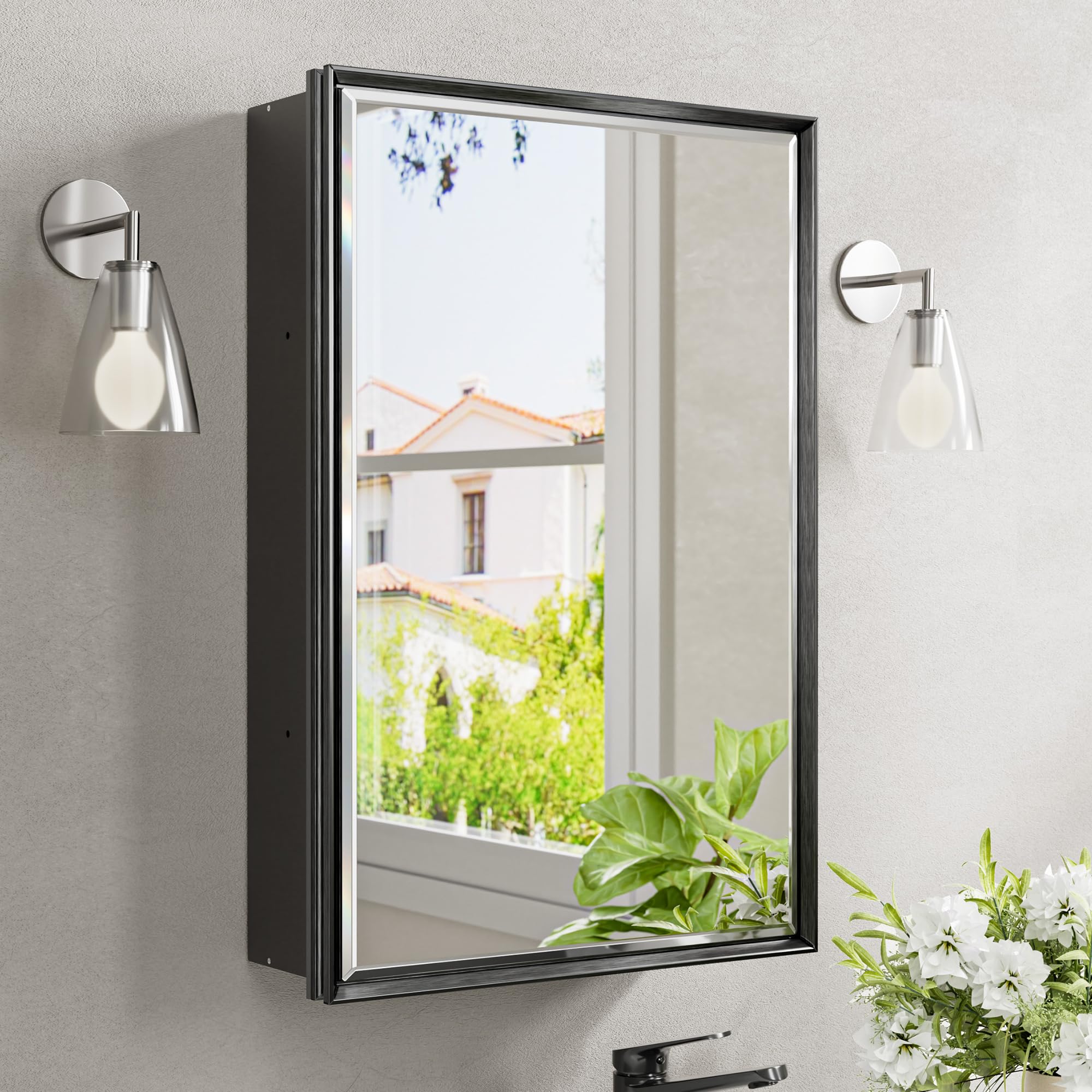 (Similar to)Black Medicine Cabinet Mirror, 16''x 24'' Surface or Recessed Aluminum Framed Medicine Cabinet with Beveled Mirror, Full-Assembled, Adjustable Shelves,Reversible Bathroom Mirror with Storage