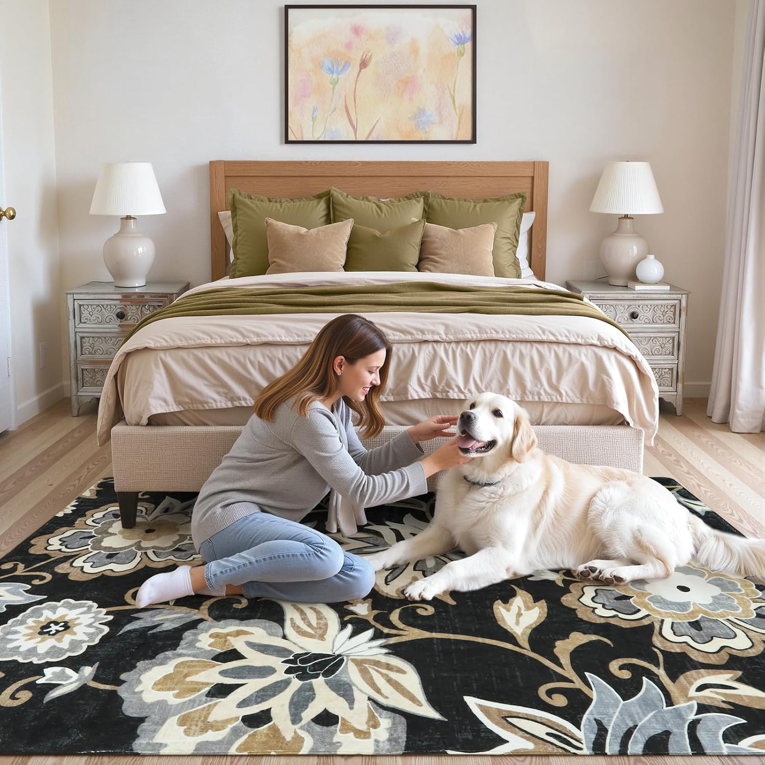 Lahome Floral Black Washable Area Rug 4x6, Non-Slip Ultra-Thin Soft Accent Stain Resistant Indoor Area Rug, Paisley Print Carpet for Bedroom, Living Room, Entryway, Kitchen, Laundry