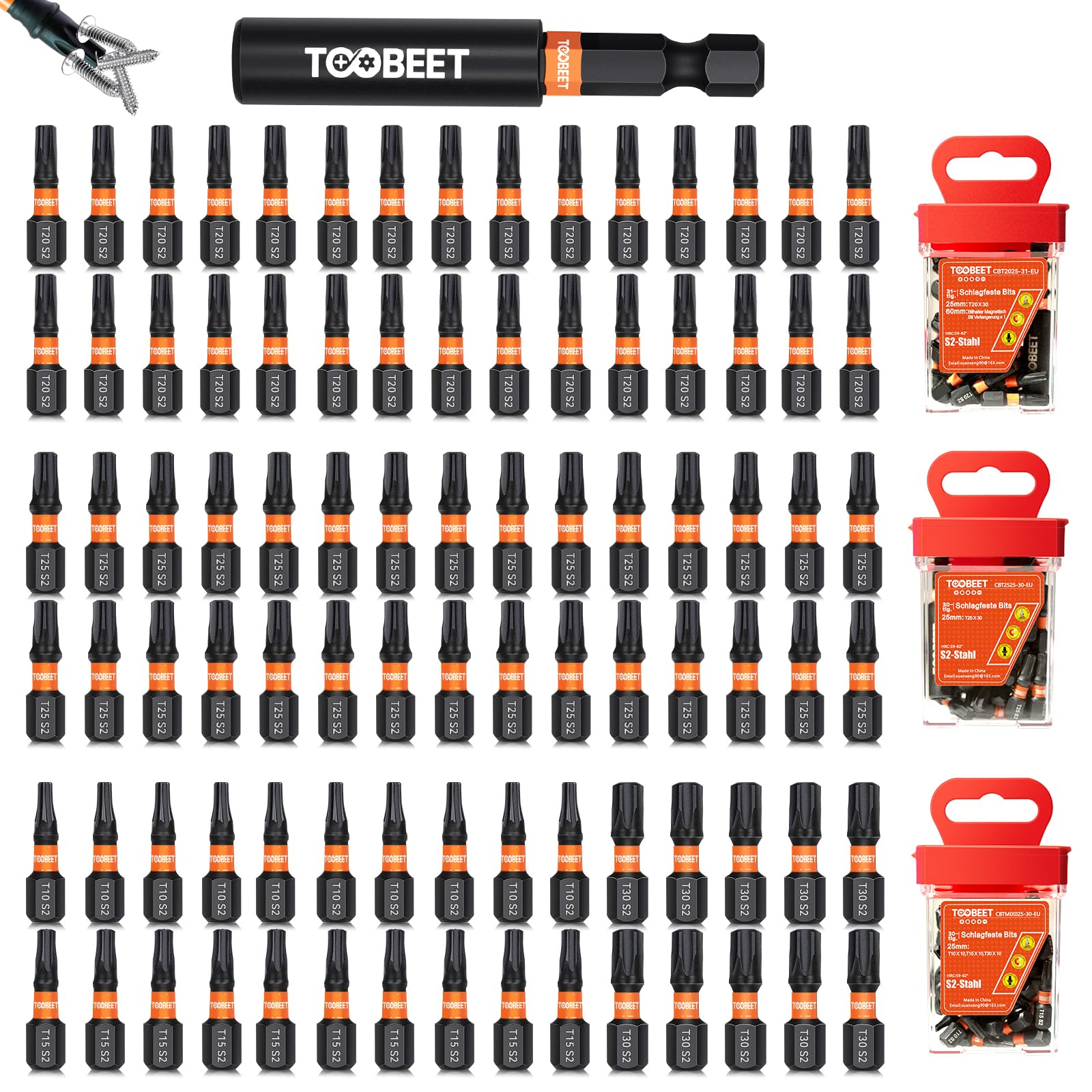Impact Torx Schraubendreher-Bits-Set, Magnetischen S2-Stahl 25mm 91tlg. (T10/T15/T20/T25/T30) Bits-Set für Schlagwerkzeuge mit 1 langem Bithalter (60 mm) inkl. robuster Aufbewah Ungsbox