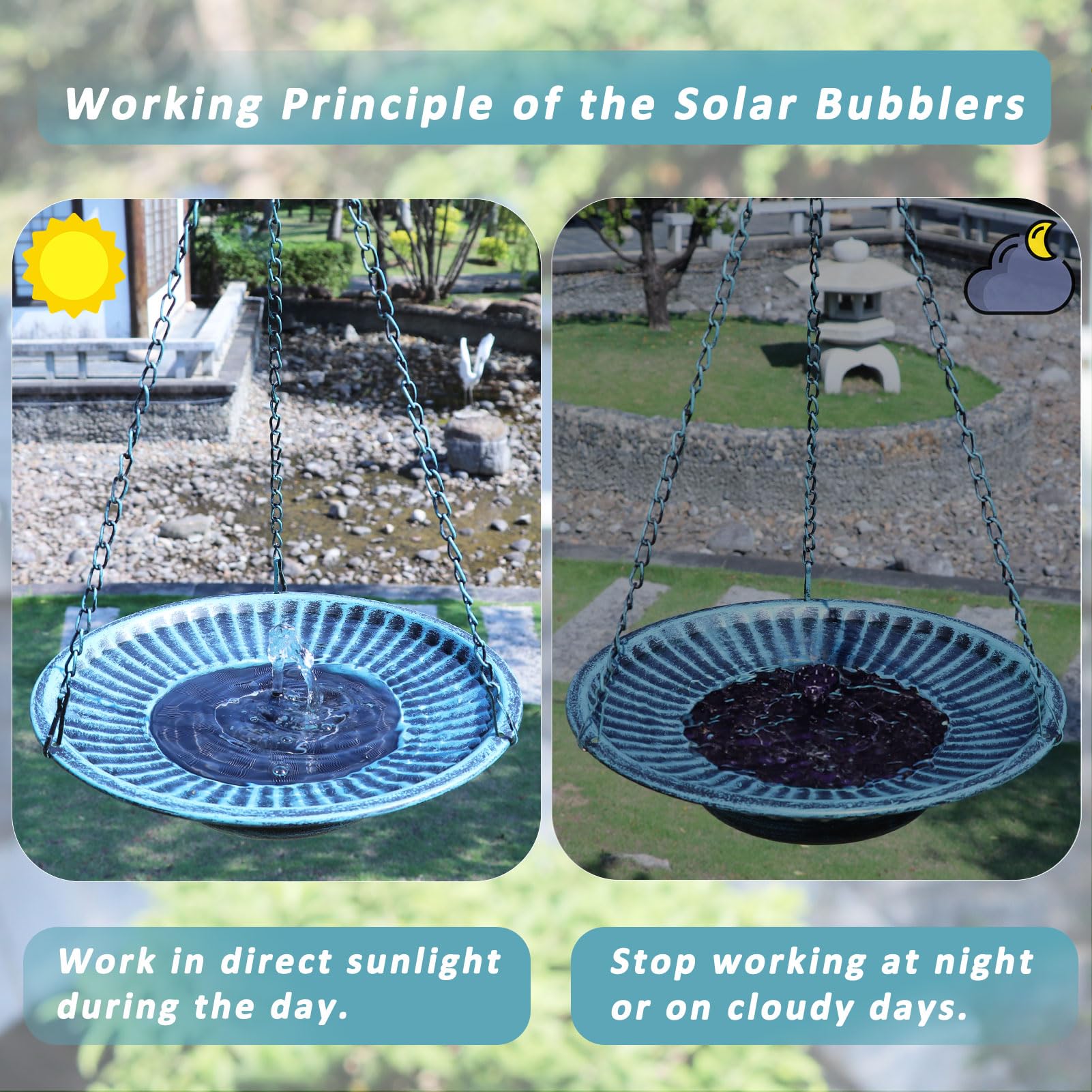 Solar-Vogeltränke zum Aufhängen, 30,5 cm, Solar-Vogeltränke, Brunnen für Garten, Terrasse, Dekoration | Hängende Vogeltränke mit Solarbrunnen, Metall-Vogeltränke, hängende Vogeltränke für draußen (blau)