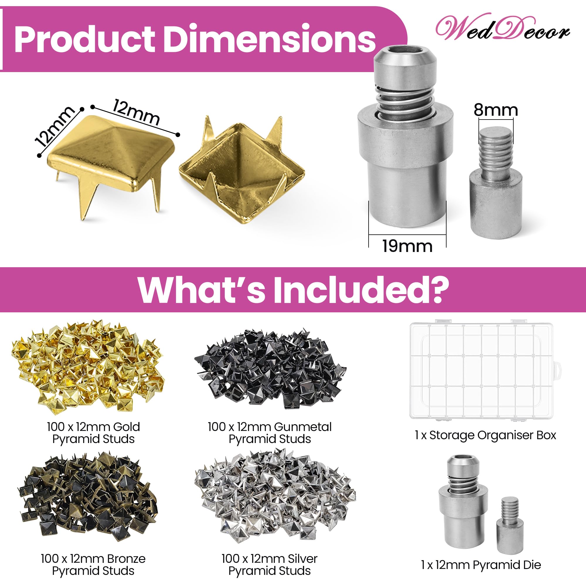 WedDecor Kit de pernos piramidales de 12 mm con juego de troqueles de 2 partes, 400 piezas de tachuelas de metal piramidales para manualidades, bolsos, vaqueros, chaquetas, máquina verde compatible