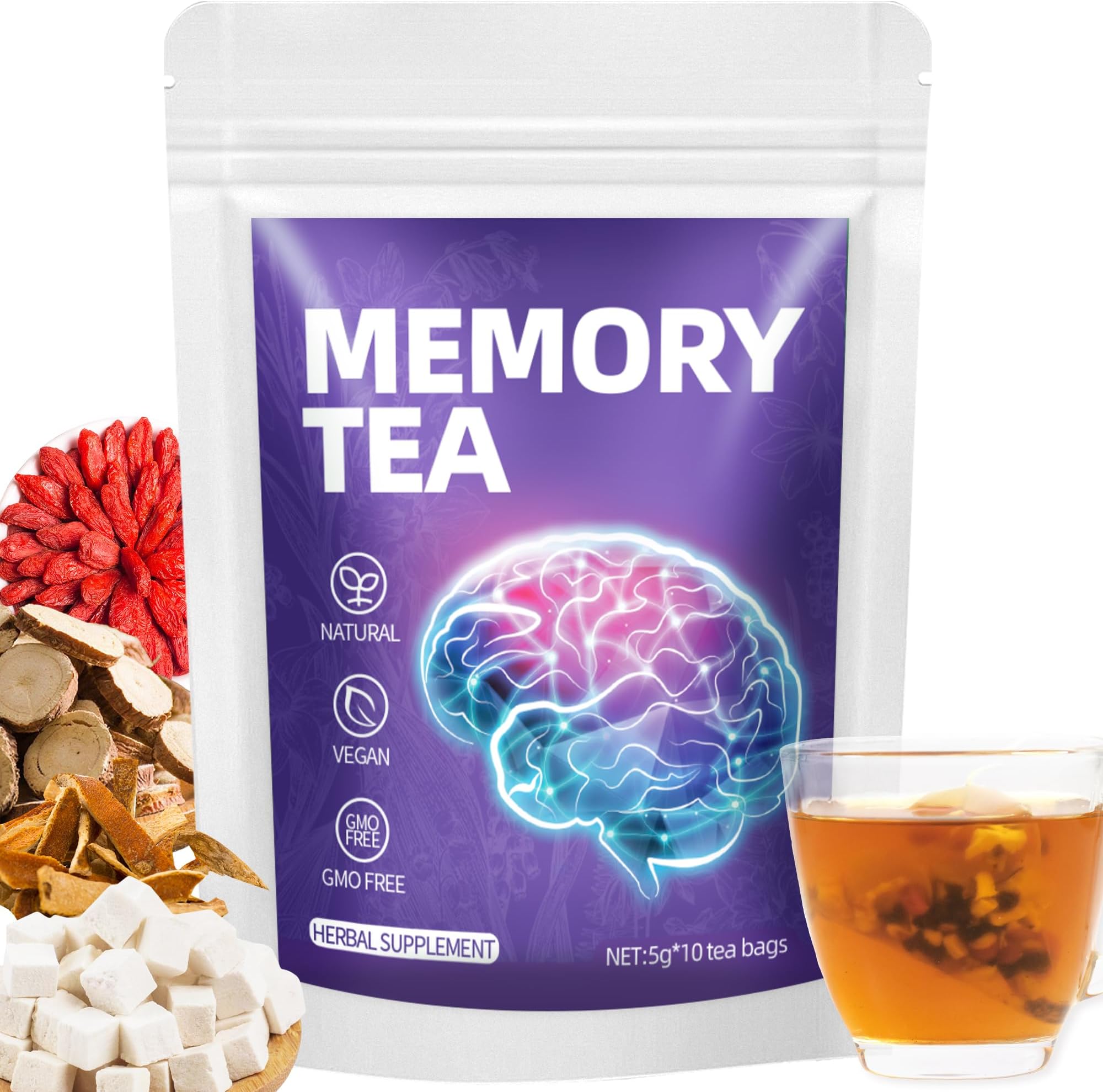 Natural Focus & Memory Brain Boost Tea for Mental Clarity, with American Ginseng, Polygonatum Sibiricum, Dendrobium Stem and Wolfberry for Energy Supports, Overall Brain Health Herbal Teabags