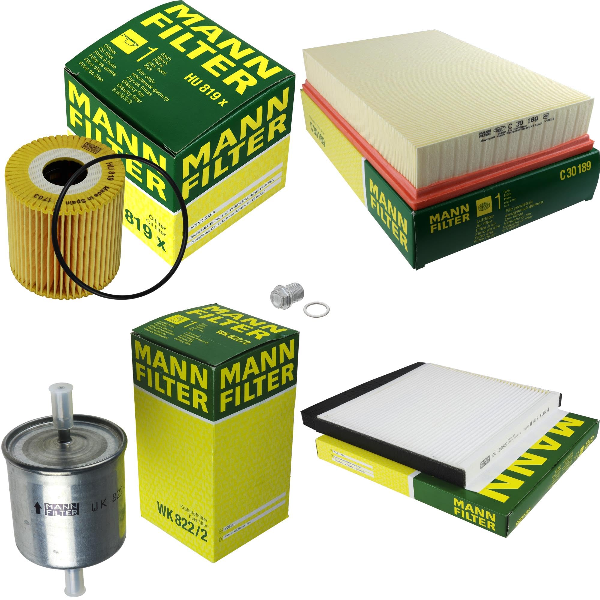 Paquete de inspección Kit de mantenimiento de filtros con filtro de aceite HU 819 x, filtro de aire C 30 189, filtro de combustible WK 822/2, filtro de habitáculo CU 2855, tornillo de cierre