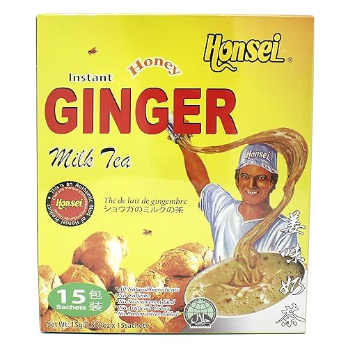 Honsei Té instantáneo con leche y miel de jengibre, 0.529 onzas, 15 bolsitas, sin cafeína, sin edulcorantes añadidos, sin colores artificiales (1)