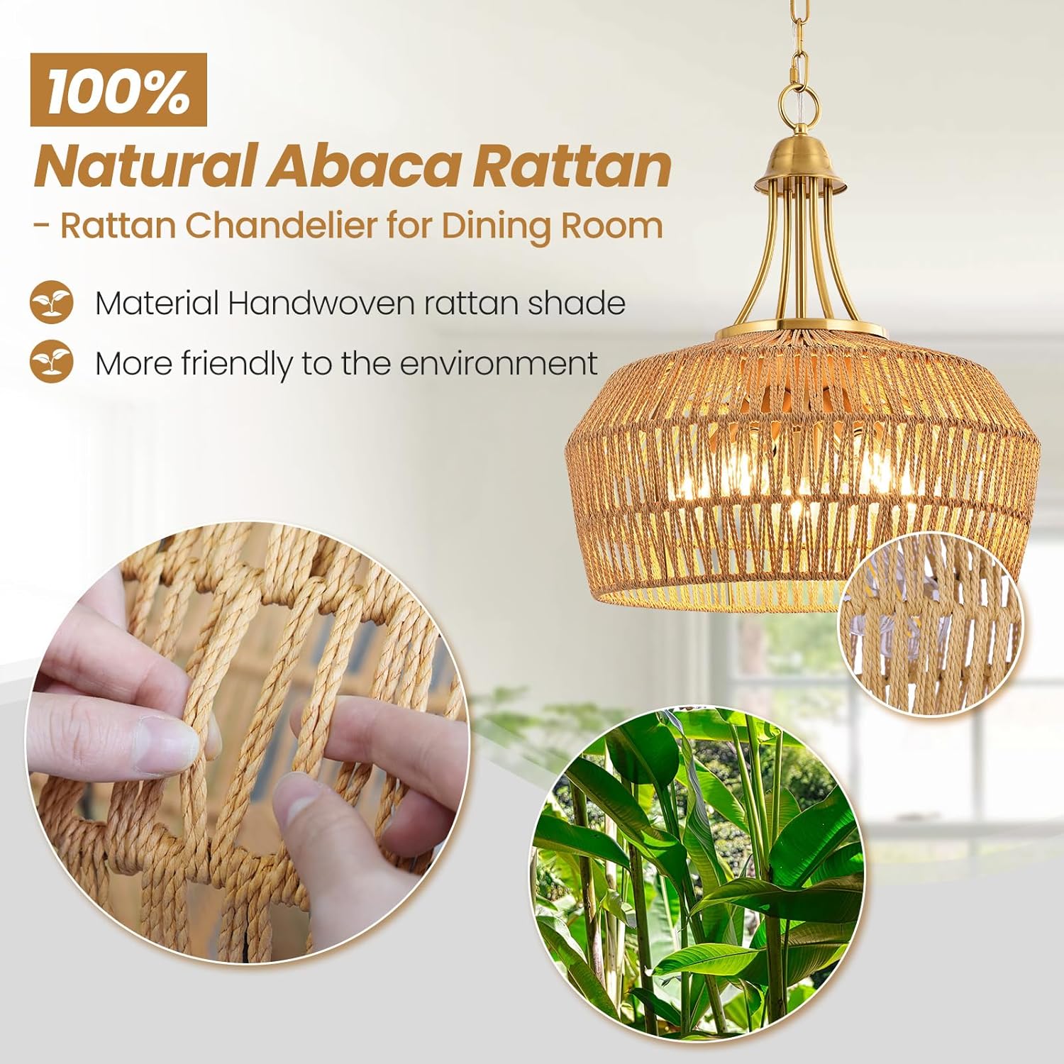 18.5'' Rattan Chandeliers for Dining Room, 5-Light Boho Pendant Light, Hand Woven Lampshade for Kitchen Island, Bedroom, Living Room, Height Adjustable
