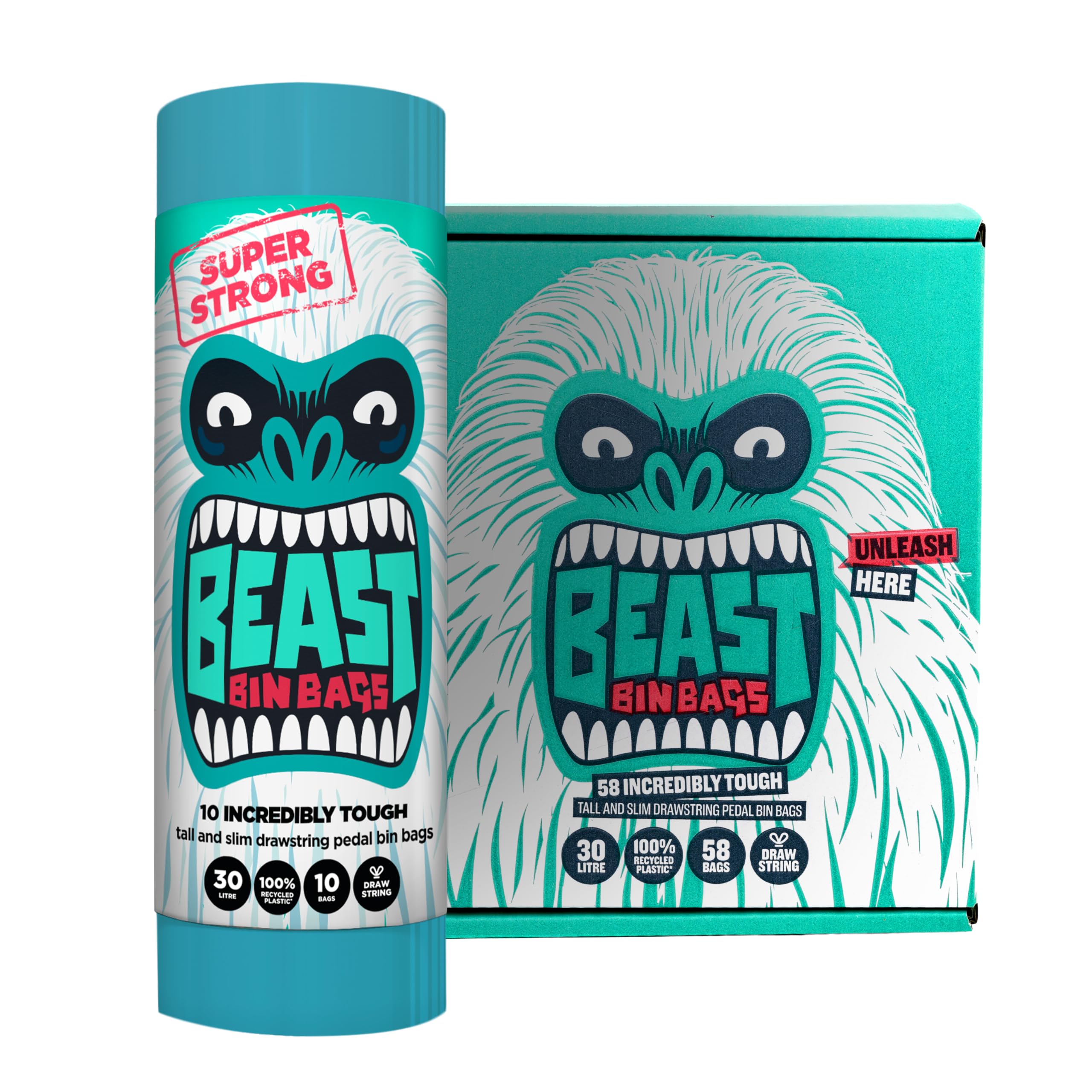 BEAST BIN BAGS 30L Tall & Slim Pedal Bin Bags with Drawstring Handles (58 Total Bags) - Monstrously Strong, Made from 100% Recycled Plastic, Blue Kitchen Bin Liners for Tall Slim Bins
