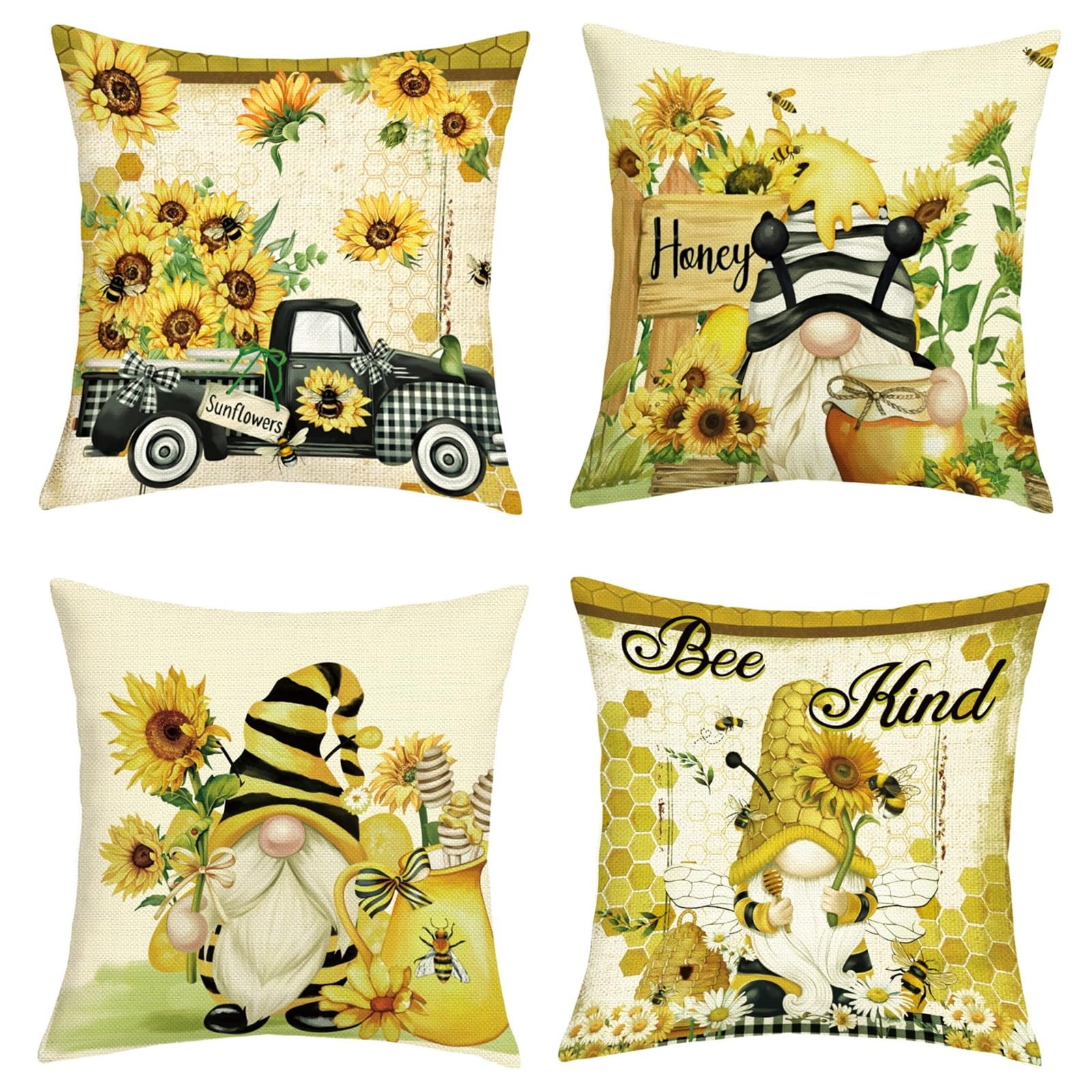 Joymaison Summer Sunflower Gnome Cushion Covers 50 x 50 Pack of 4 Farmhouse Bee Truck Yellow Square Throw Pillow Case Decorative Sofa Cushion with Invisible Zipper