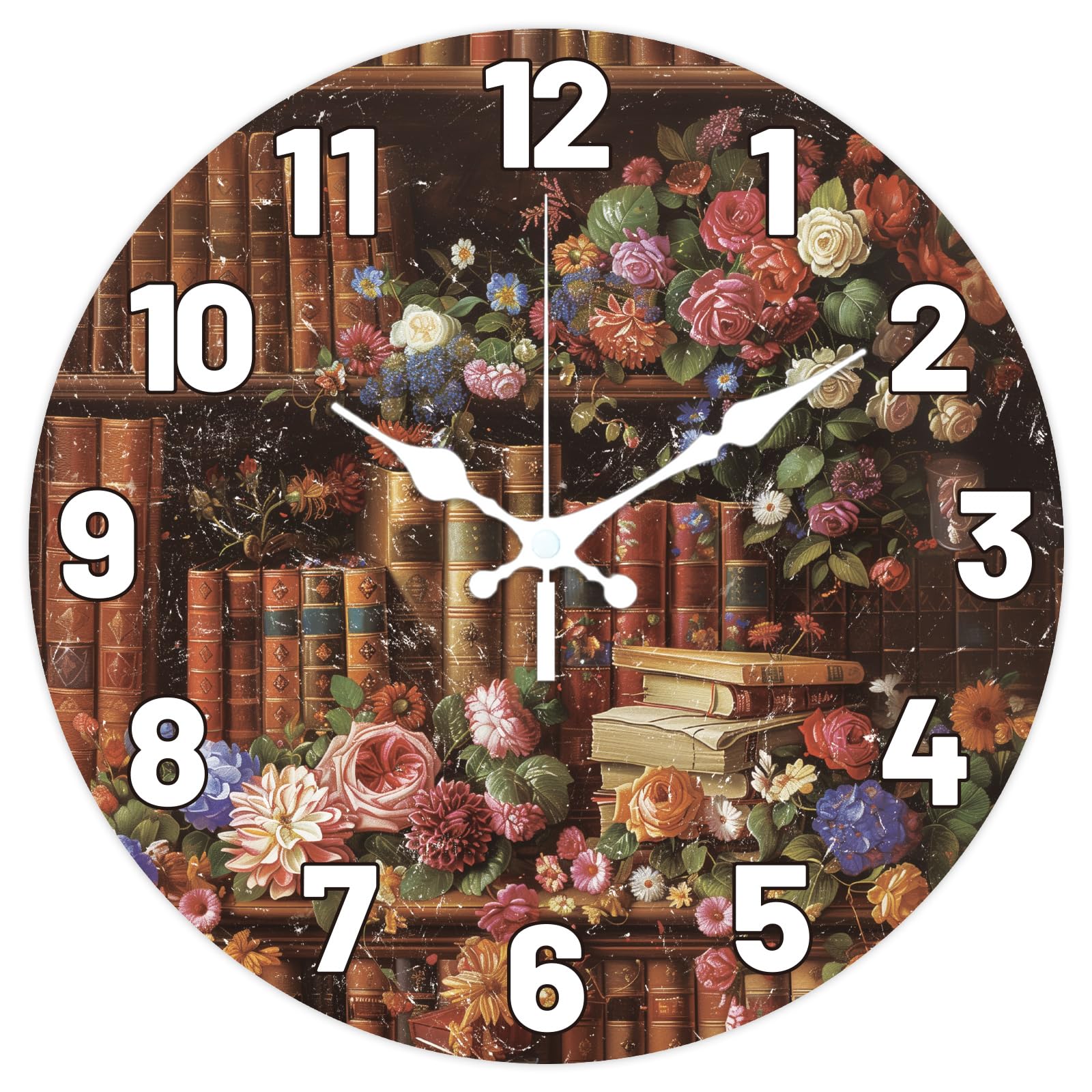 CONCHLERY Retro Style Clock 12 Inch Non-Ticking Clocks Flowers Round Wall Hanging Clock for Bedroom Living Room Kitchen Office, Bookshelves