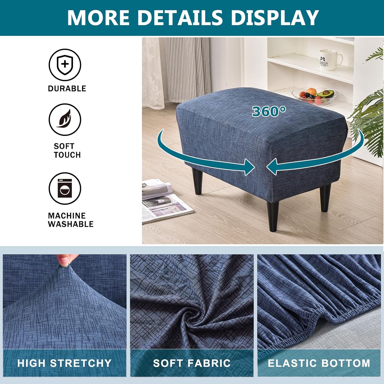 KRFOONN Ottoman Slipcovers Stretch Rectangle Footrest Stool Covers Printed Ottoman Cover for Foot Stool Furniture Protector with Non Slip Elastic Bottom(23, X-Large)