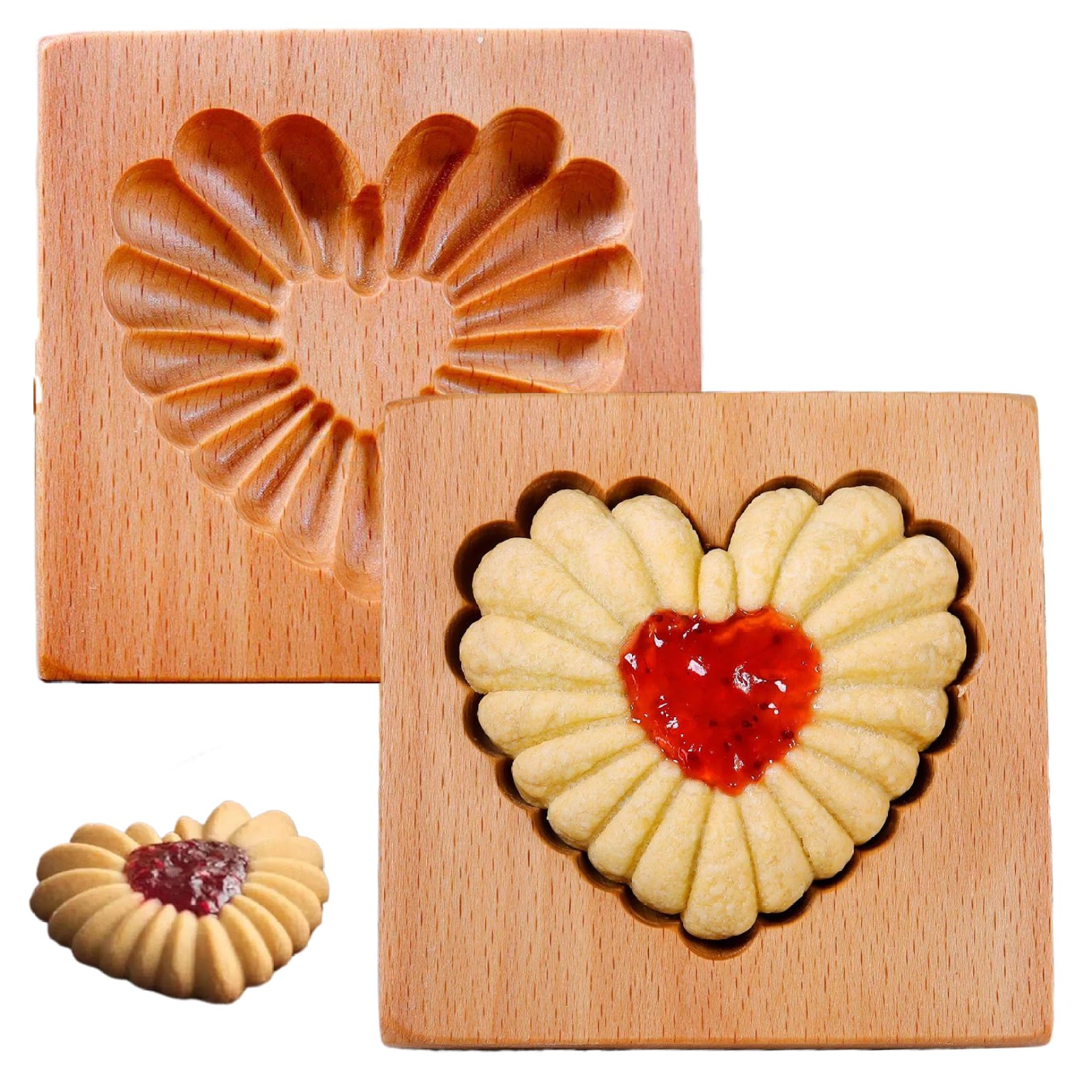 Keksausstecher, Plätzchenformen aus Holz, Kekse, Weihnachtsplätzchenformen, 2 Stück, Keksformen, 4 x 1, Herzform, Keksausstecher, Sandwich-Keks-Backformen
