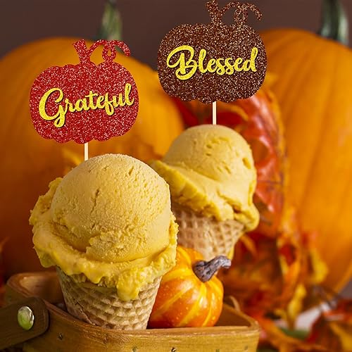 Miniatura 7 de Whaline 36 piezas con purpurina para cupcakes de otoño con diseño de calabaza, agradecido, bendito, bendito, para cupcakes, palillos de comida de