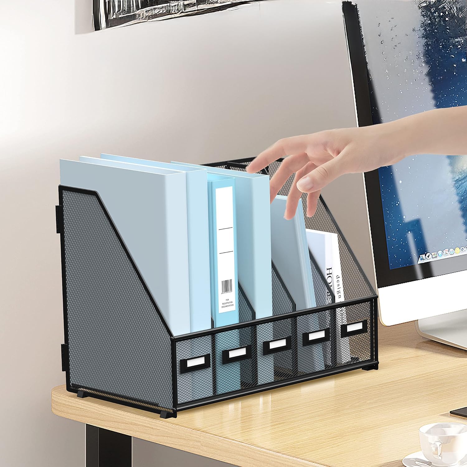 Organiseur de bureau en métal 5 compartiments verticaux noir
