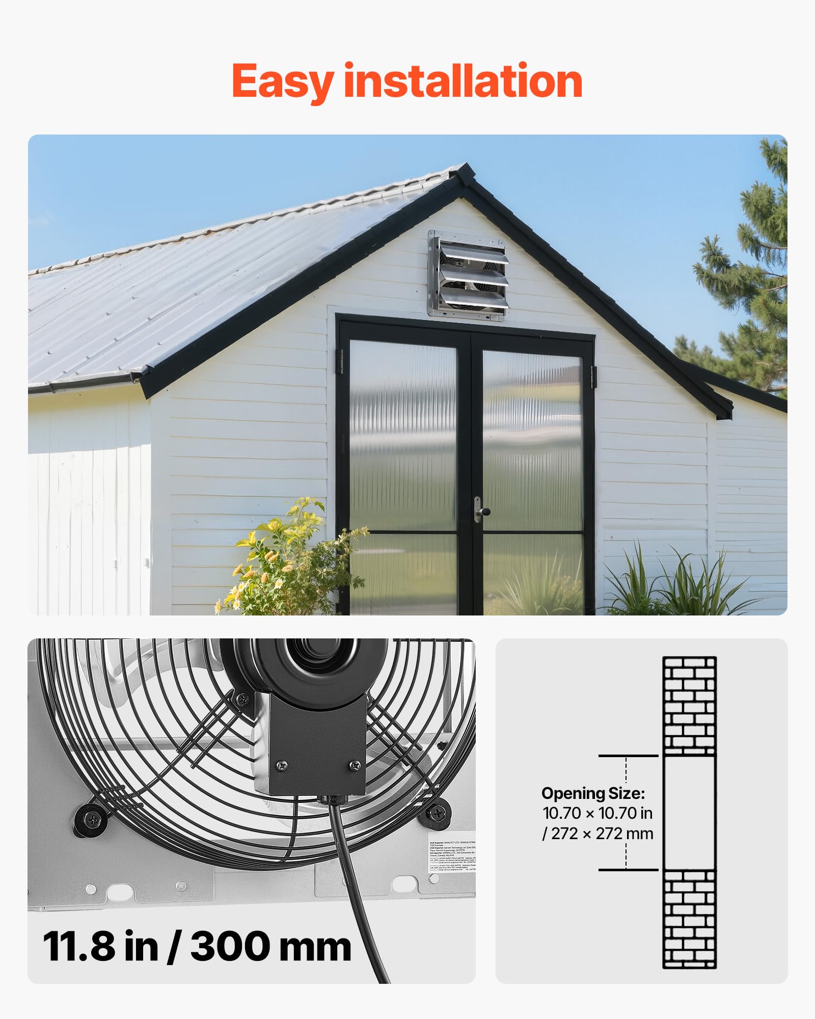 VEVOR Ventilateur d'Extraction à Volets 268 mm Extracteur d'air Mural 25,5W | pour Grenier, Garage, Grange, Serre et Atelier, Débit 1380 m³/h, Volets Automatiques, Faible Bruit, Boîtier en Acier, Argenté