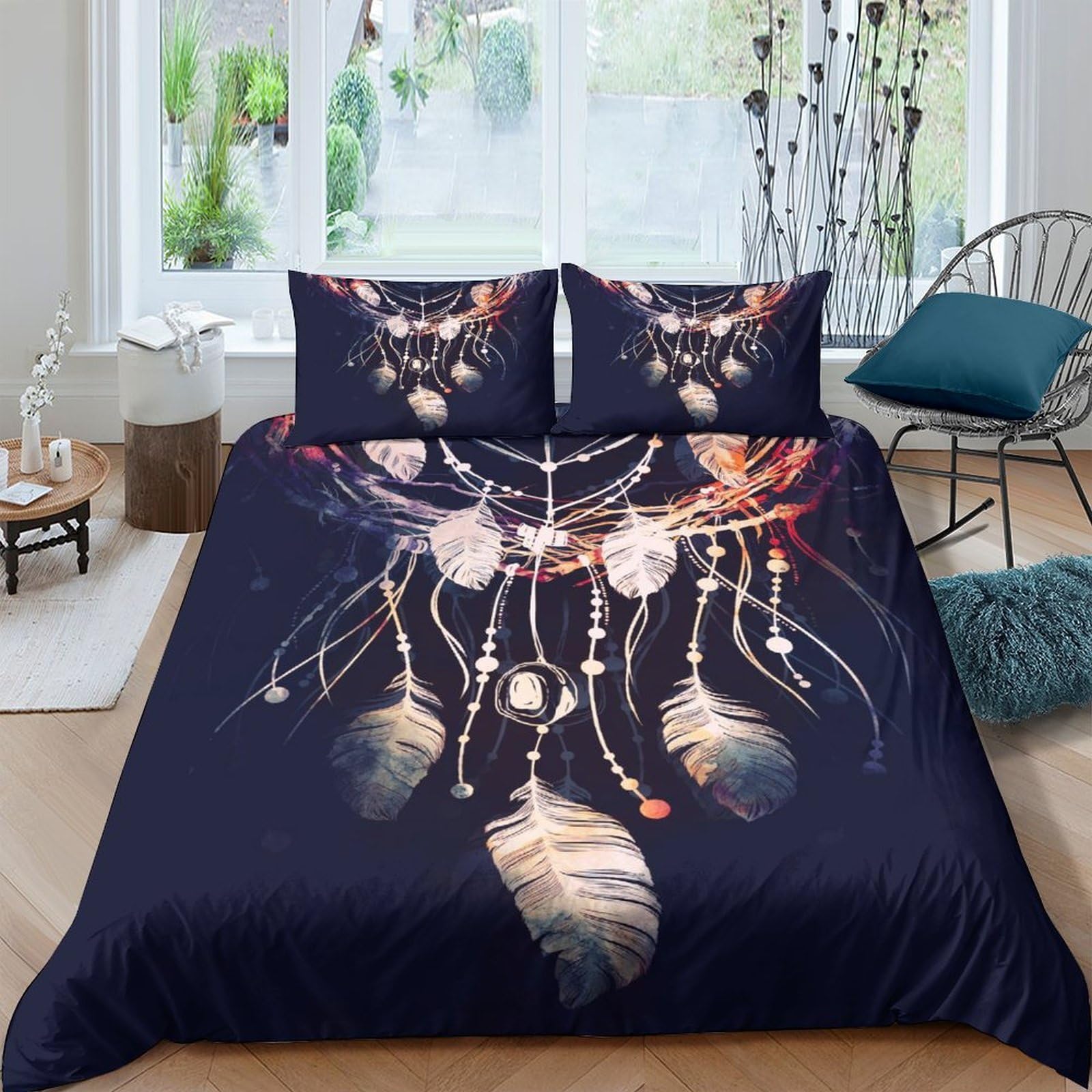 P5V6M1Q9 3D Printed Dreamcatcher Duvet Cover Microfiber Soft Breathable Feather Pattern Bedding Set with 2 Pillowcases for Bedroom Decor Single（135x200cm）