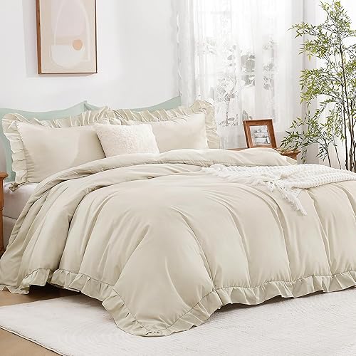 Andency - Juego de fundas de edredón con volantes color beige para cama individual (66x90 pulgadas), 2 piezas, funda de edredón con volantes estilo