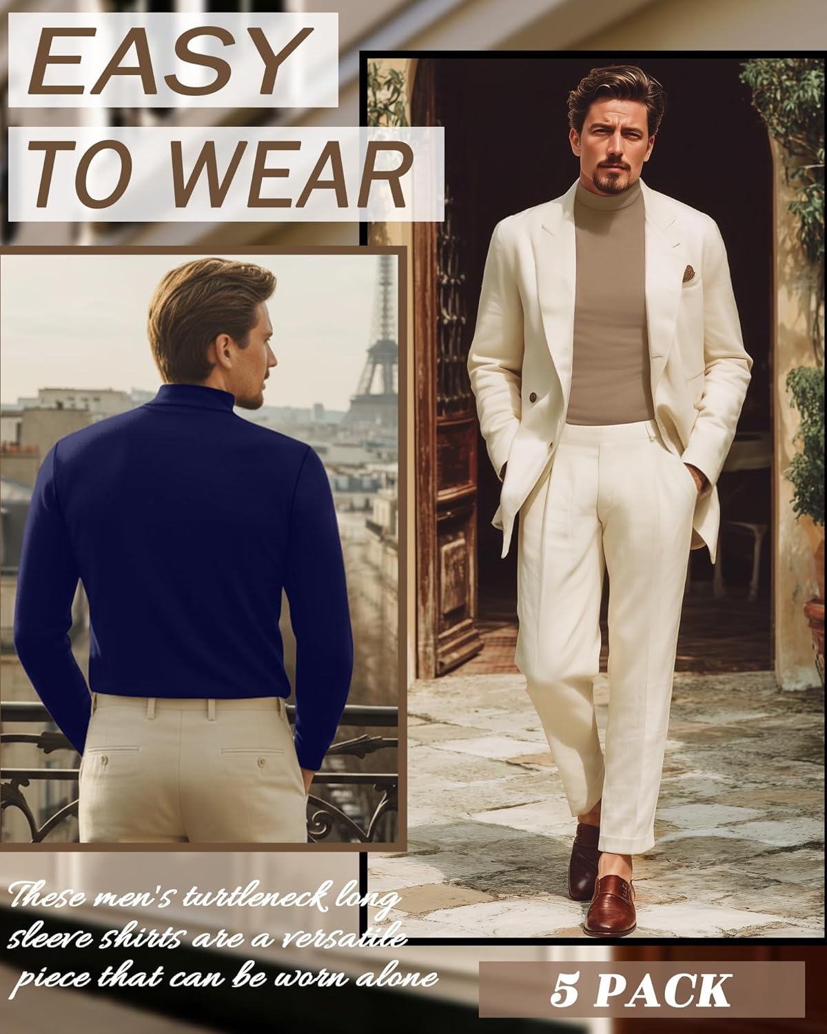 5 Pack Men's Mock Turtleneck Shirts, Long Sleeve Tops Pullover Basic Casual Slim Fit Lightweight T-Shirts Pack - Image 2