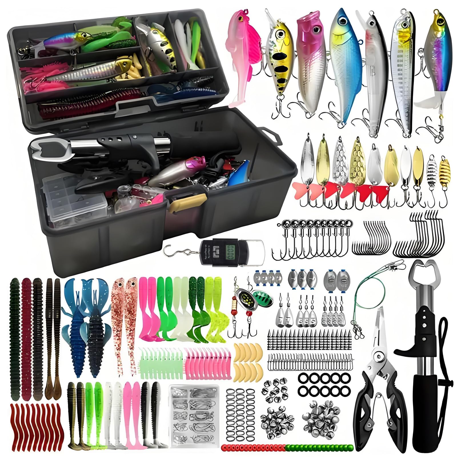 Señuelos de Pesca, 412 Piezas Set de Cebos Pesca Señuelos Accesorios Kit con Caja de Aparejos Anzuelos Alicates Jig Head Sinker Swivel Pesos Equipo de Pesca de Agua Dulce y Salada
