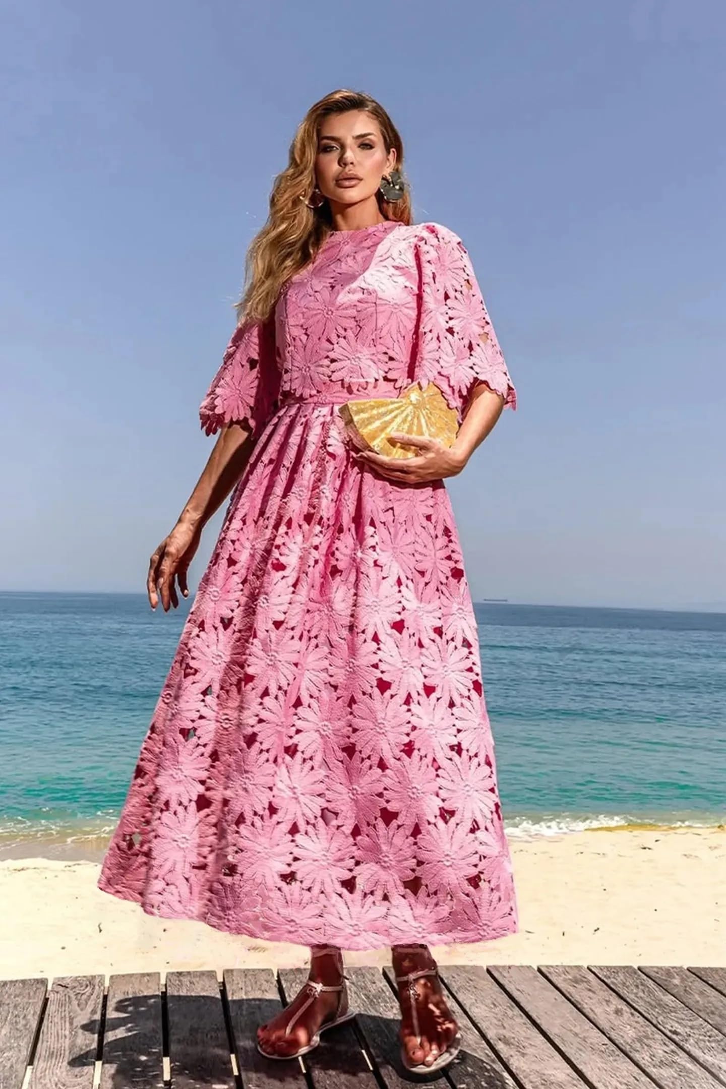 Set di due pezzi da donna elegante tinta unita ricamato a maniche corte crop top e maxi gonna abiti estivi