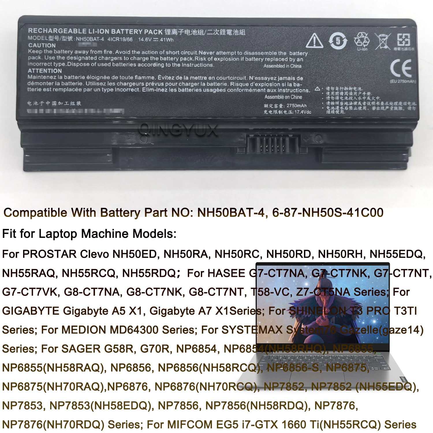 Batteria Tanch NH50BAT-4 Per Laptop HASEE Z7-CT5NA, G7-CT7NA, Z7M-CT5NA, 14.4V 3275mAh