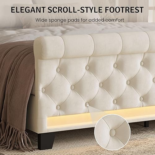 Miniatura 6 de Belffin Marco de cama tamaño Queen con cabecero, cabecero tapizado de terciopelo de 50 pulgadas de alto, cama plataforma con luces LED y 2 puertos