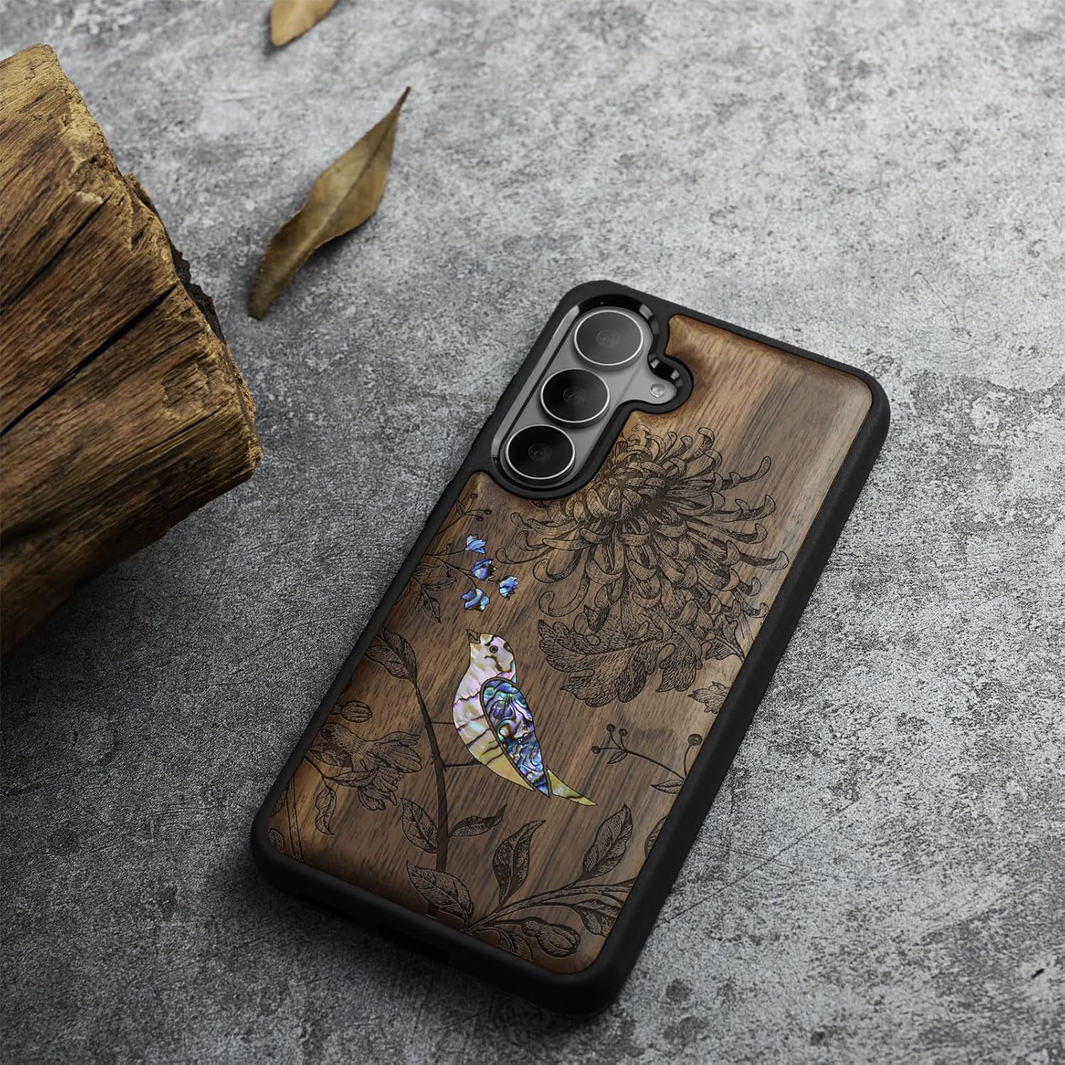 Carveit Magnetic Wooden Case for Samsung Galaxy S26 Case, Wood Artisan Engraved & Handmade Shell Inlaid, Compatible with MagSafe Wireless Chargers (Flowers and Bird) Walnut
