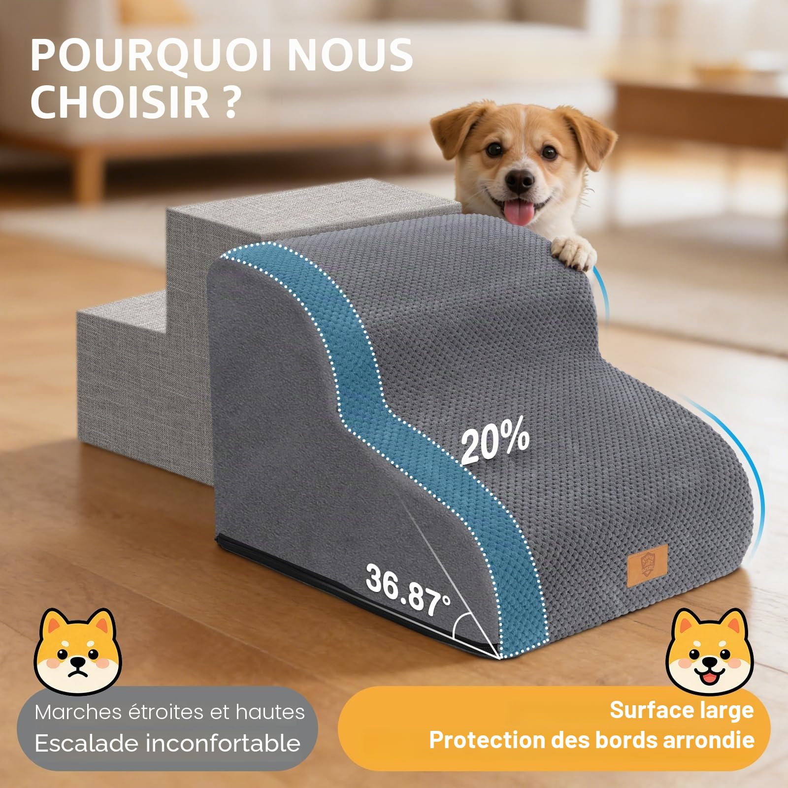 Zvonema Escalier pour Chiens et Chats 2 marches, Escalier pour Animaux en Mousse Haute Densité, Rampe pour Chien en Éponge avec Couvercle Amovible, Escaliers Antidérapants pour Animal Âgé